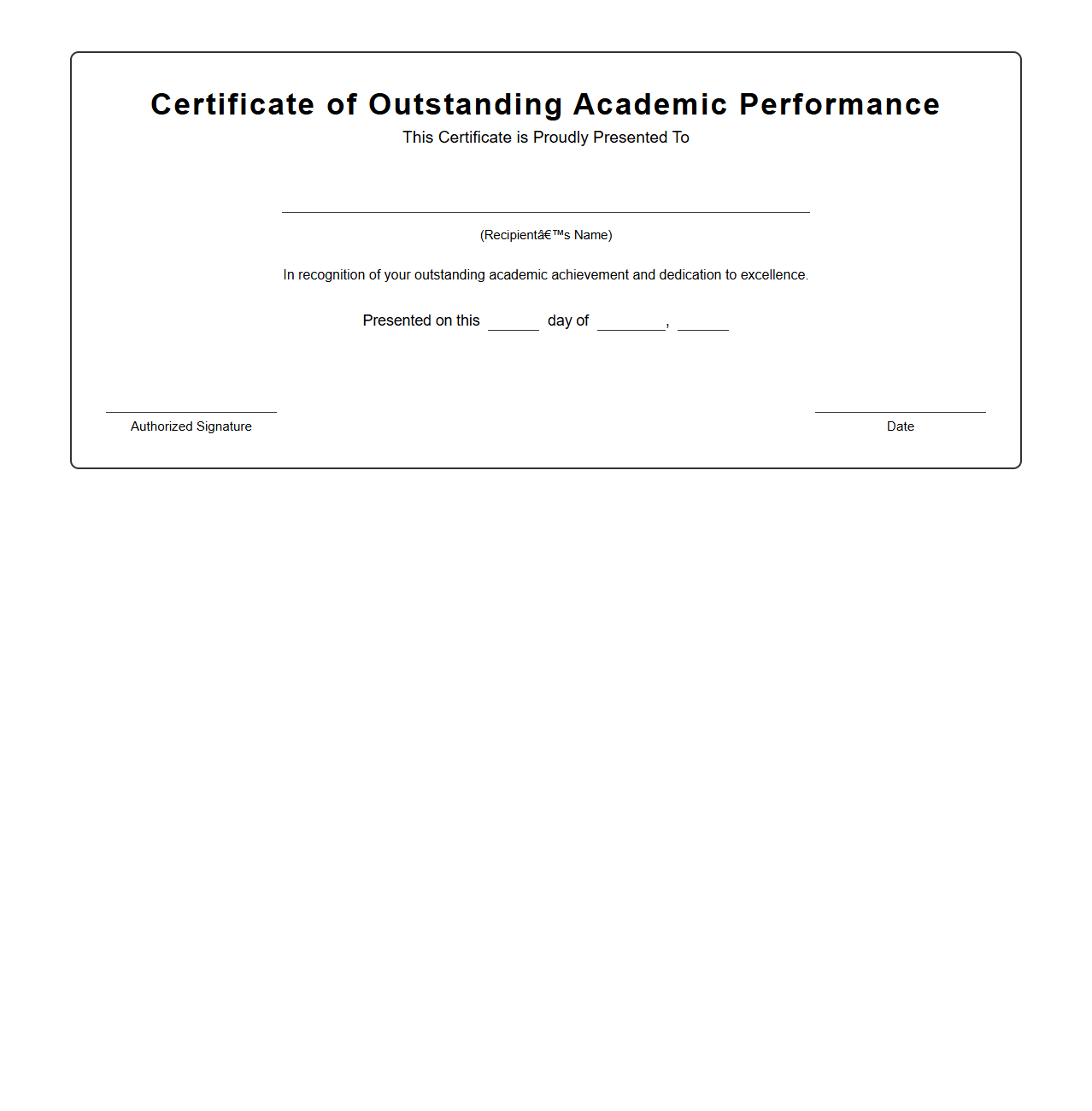 Blank Outstanding Academic Performance Certificate Template