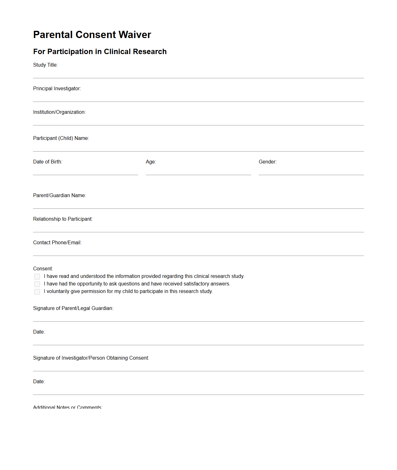 Blank Parental Consent Waiver for Clinical Research