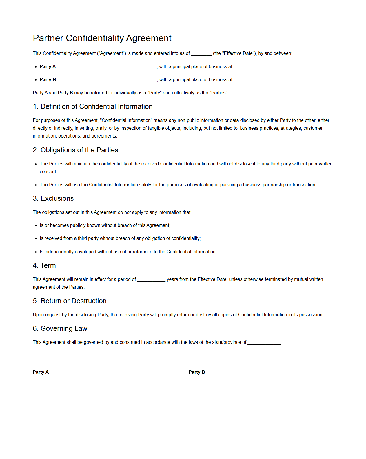 Blank Partner Confidentiality Agreement Template for Parties