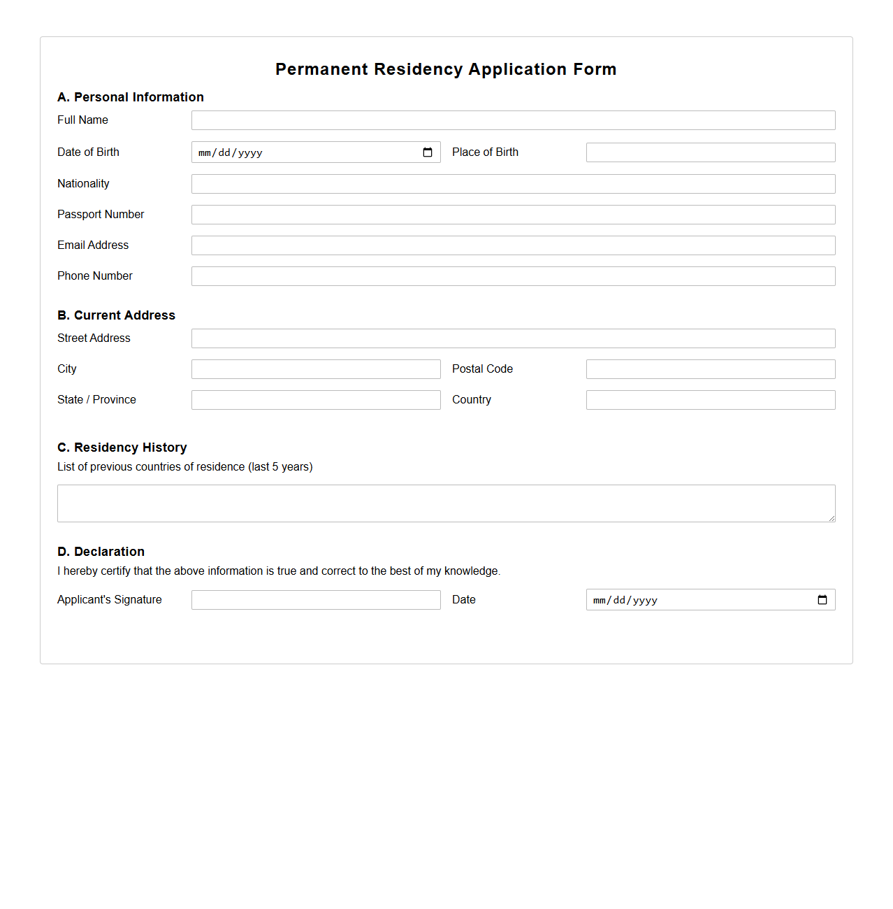 Blank Permanent Residency Application Document