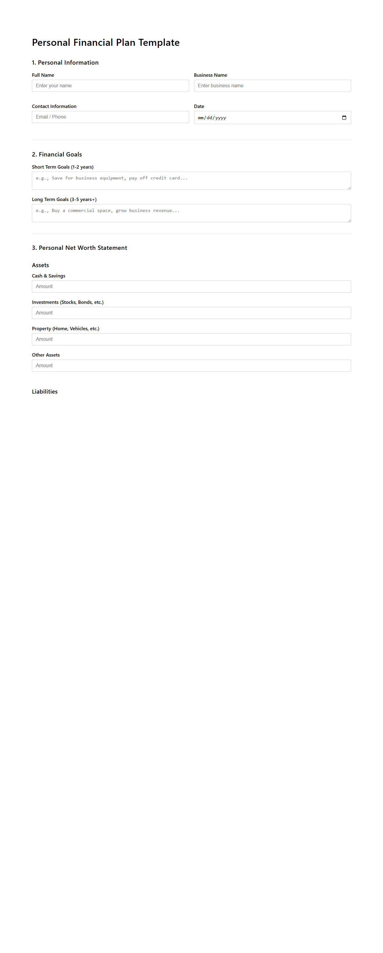 Blank Personal Financial Plan Template for Small Business Owners