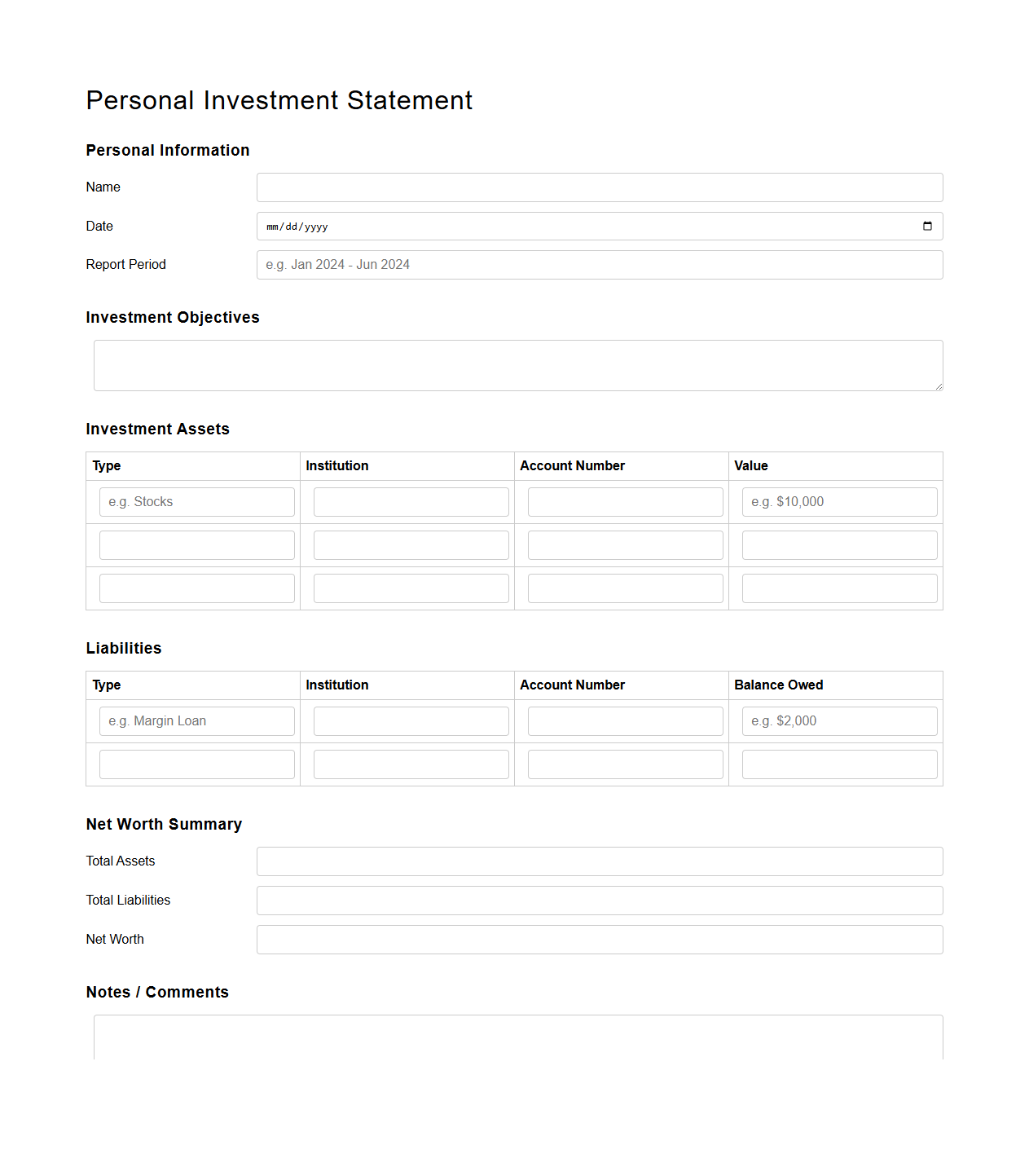 Blank Personal Investment Statement Example