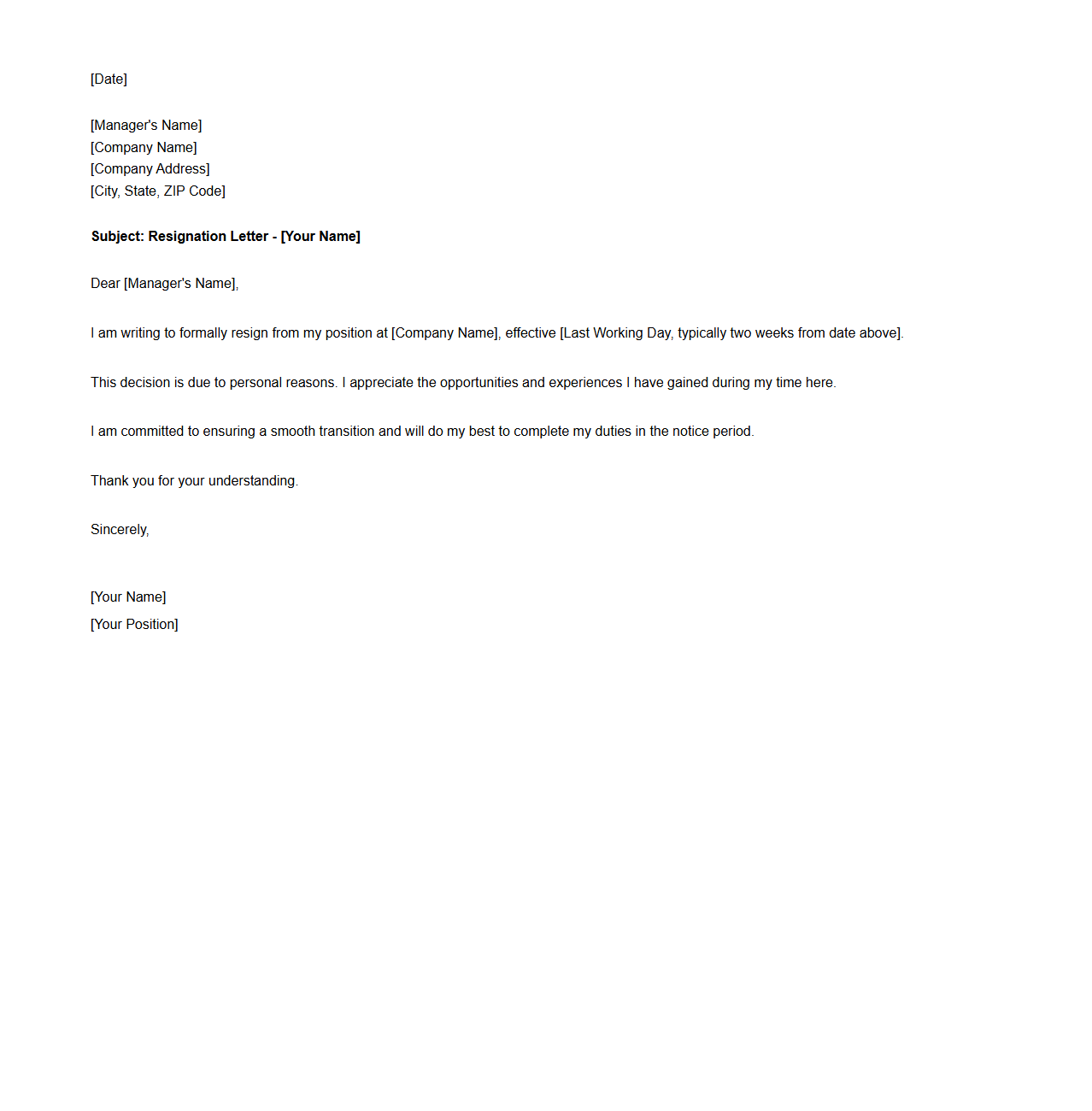 Blank Personal Reasons Resignation Letter for Employees