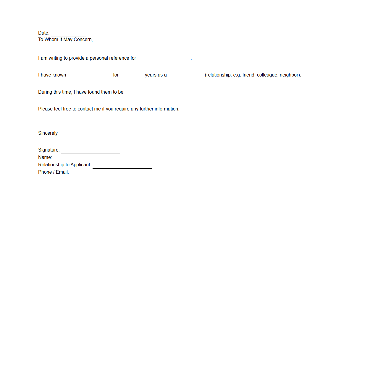 Blank Personal Reference Letter Layout