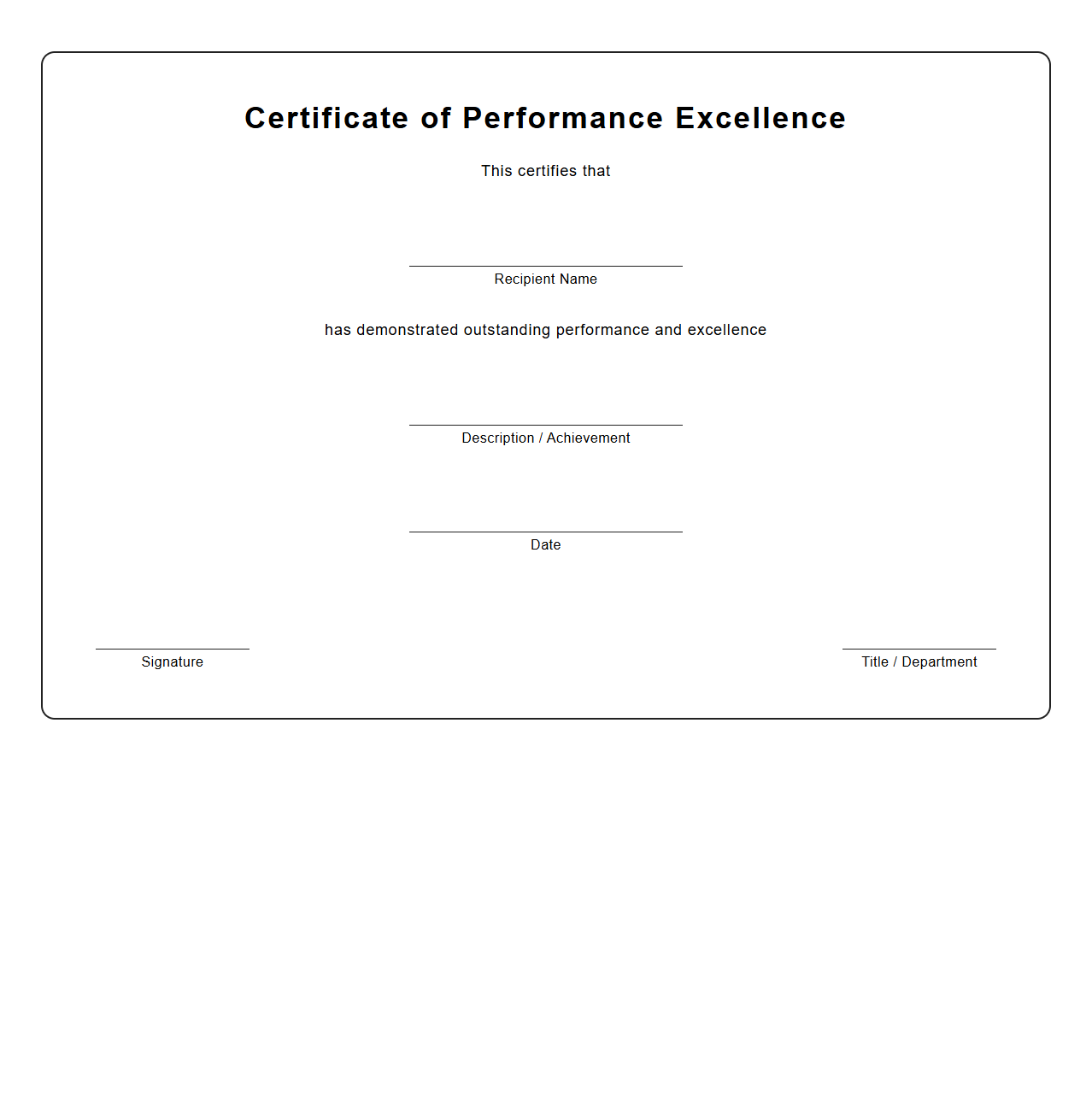 Blank Personalized Performance Excellence Certificate Template