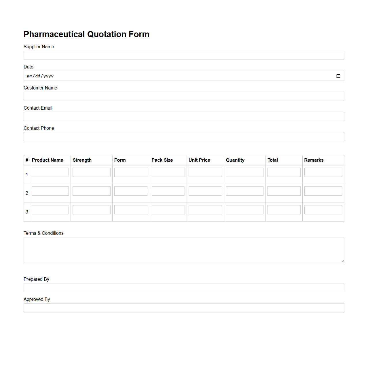 Blank Pharmaceutical Quotation Form