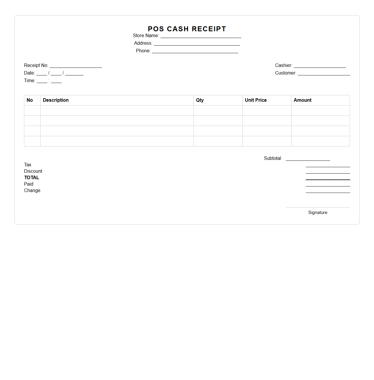 Blank POS Cash Receipt