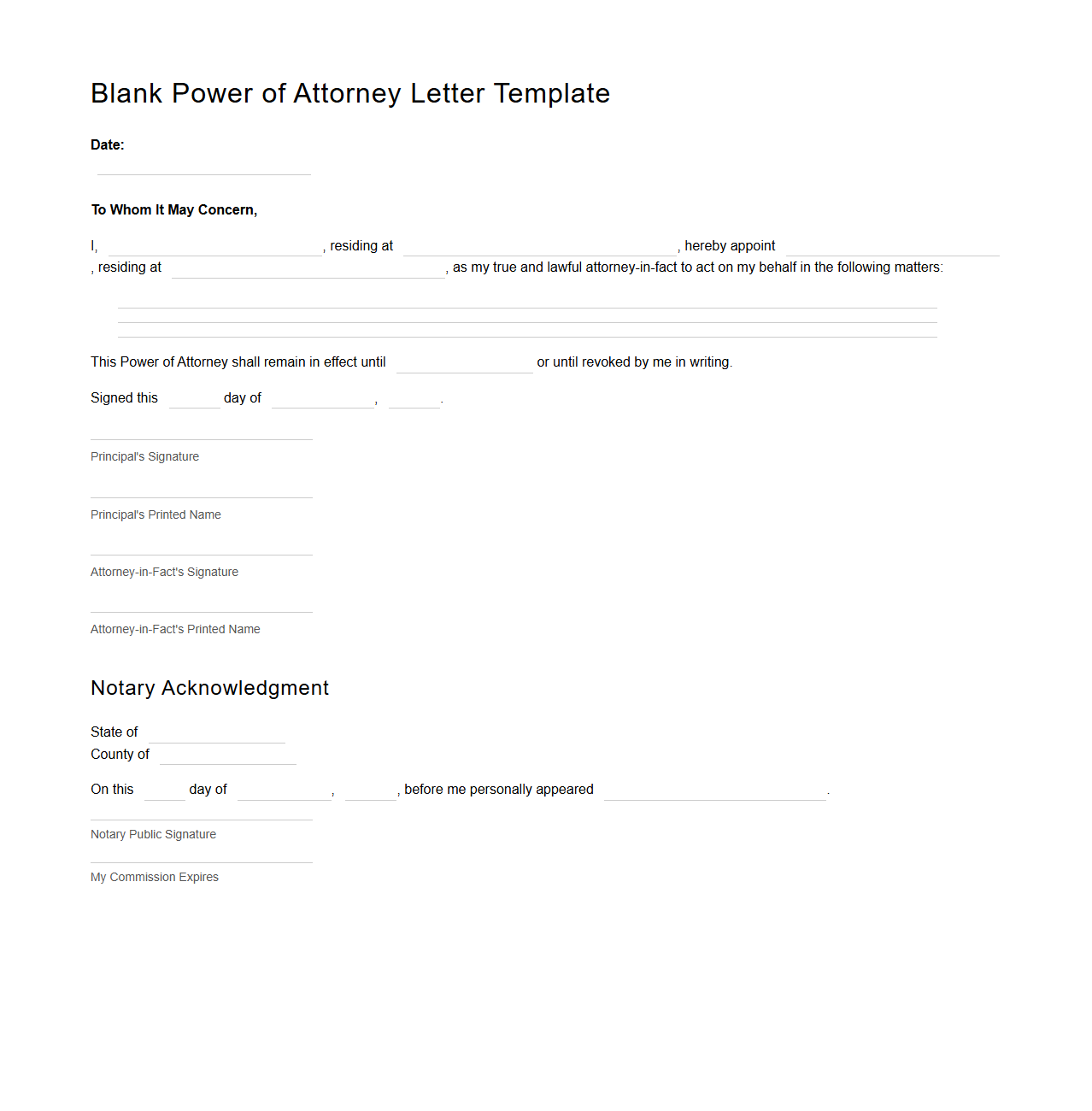 Blank Power of Attorney Letter Template