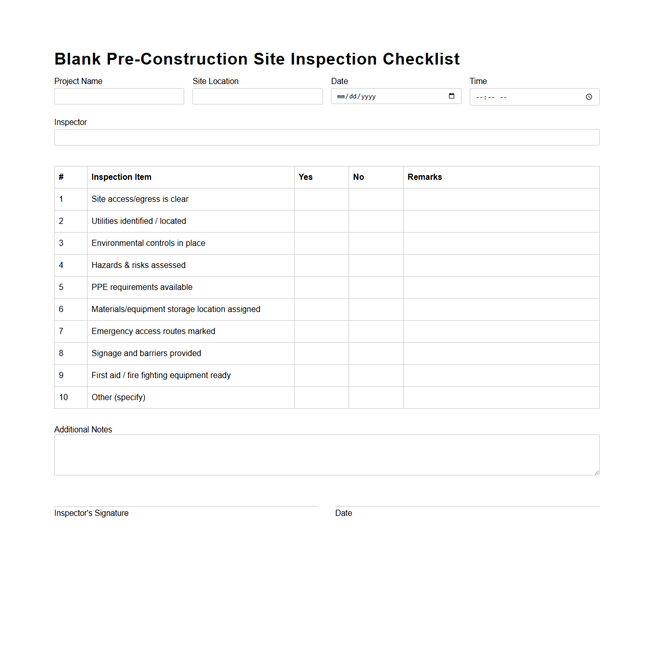 Blank Pre-Construction Site Inspection Checklist