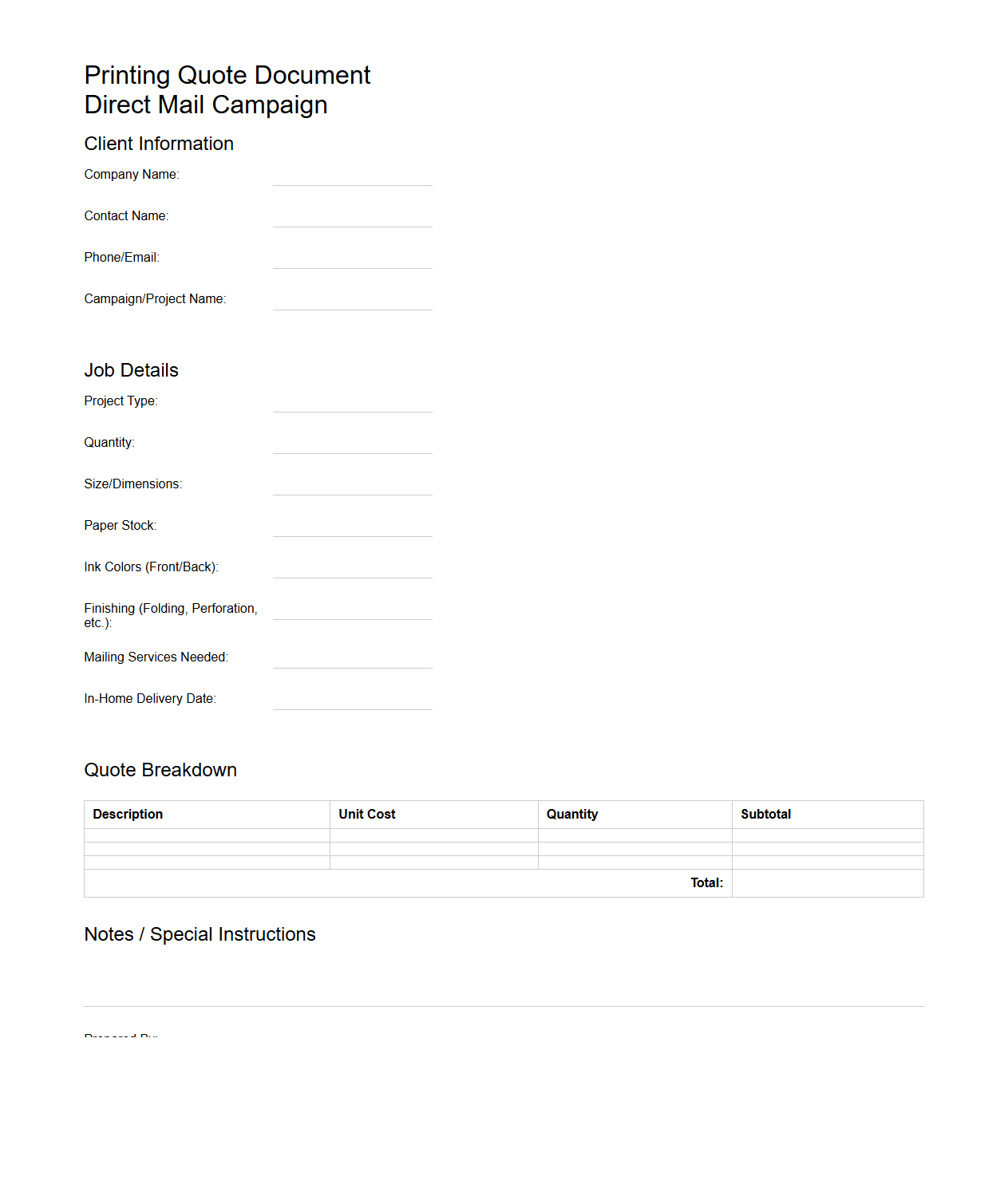 Blank Printing Quote Document for Direct Mail Campaigns