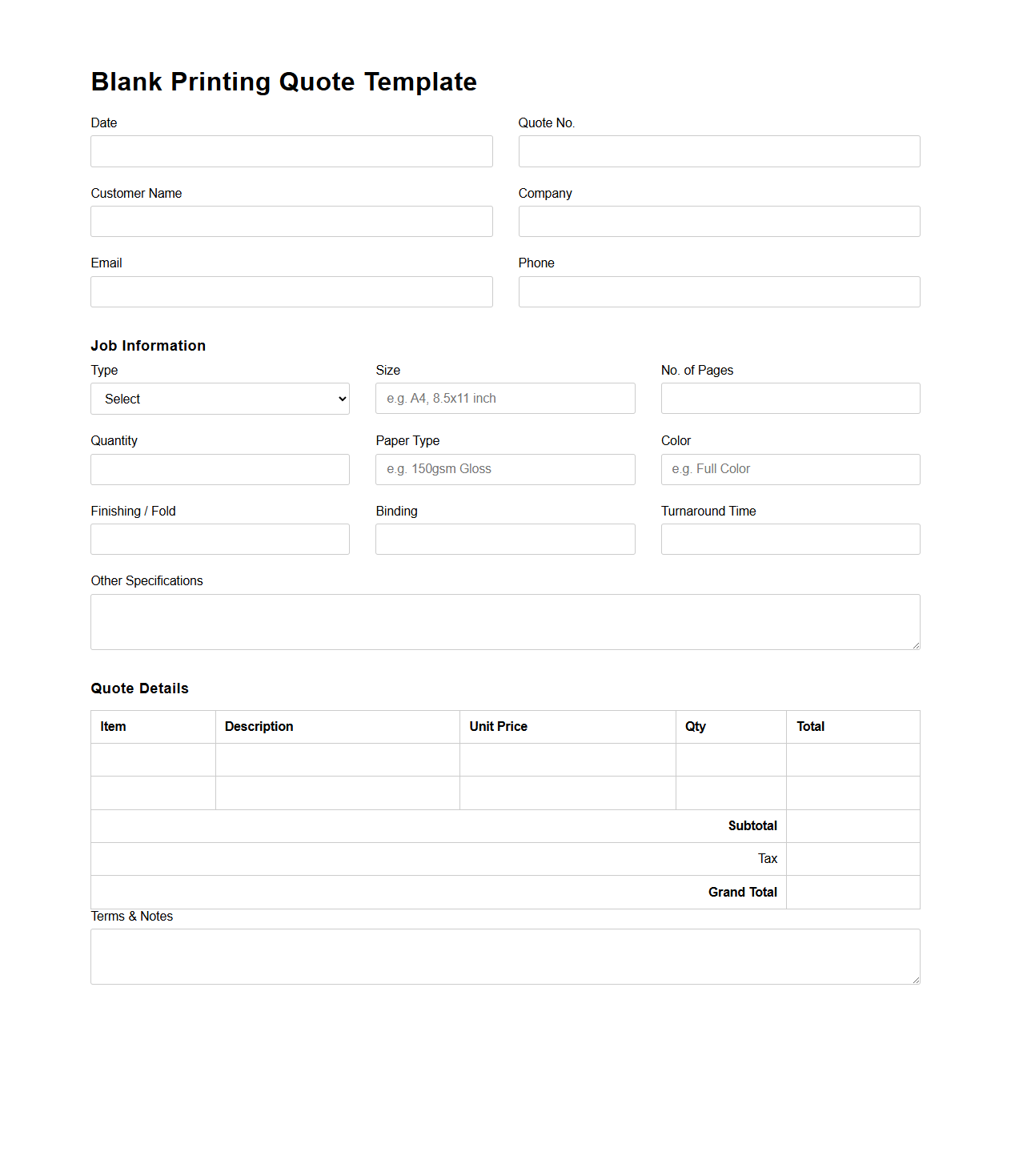 Blank Printing Quote Template for Brochures and Flyers