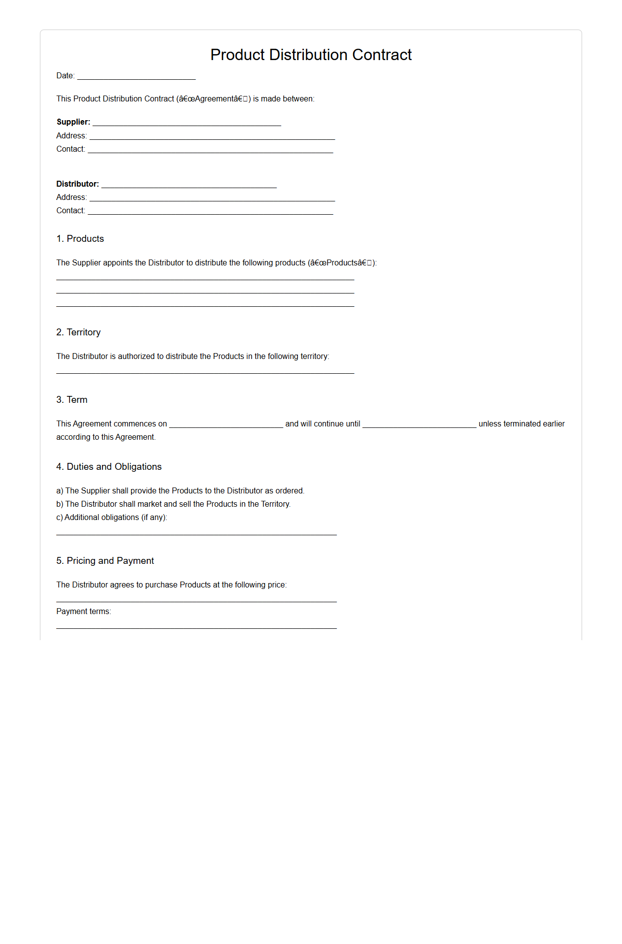 Blank Product Distribution Contract Template