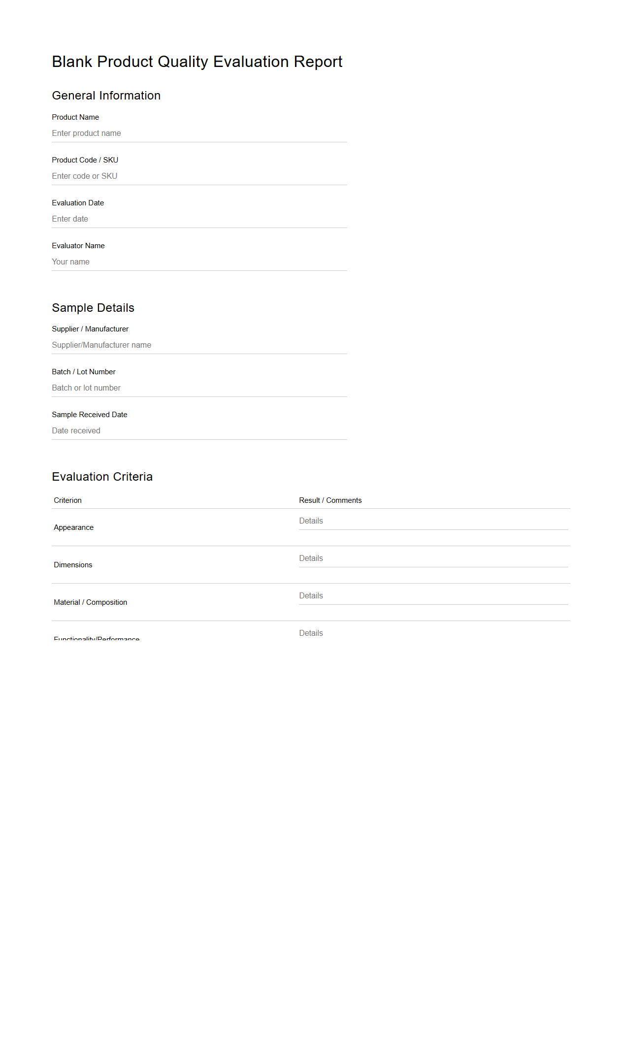 Blank Product Quality Evaluation Report