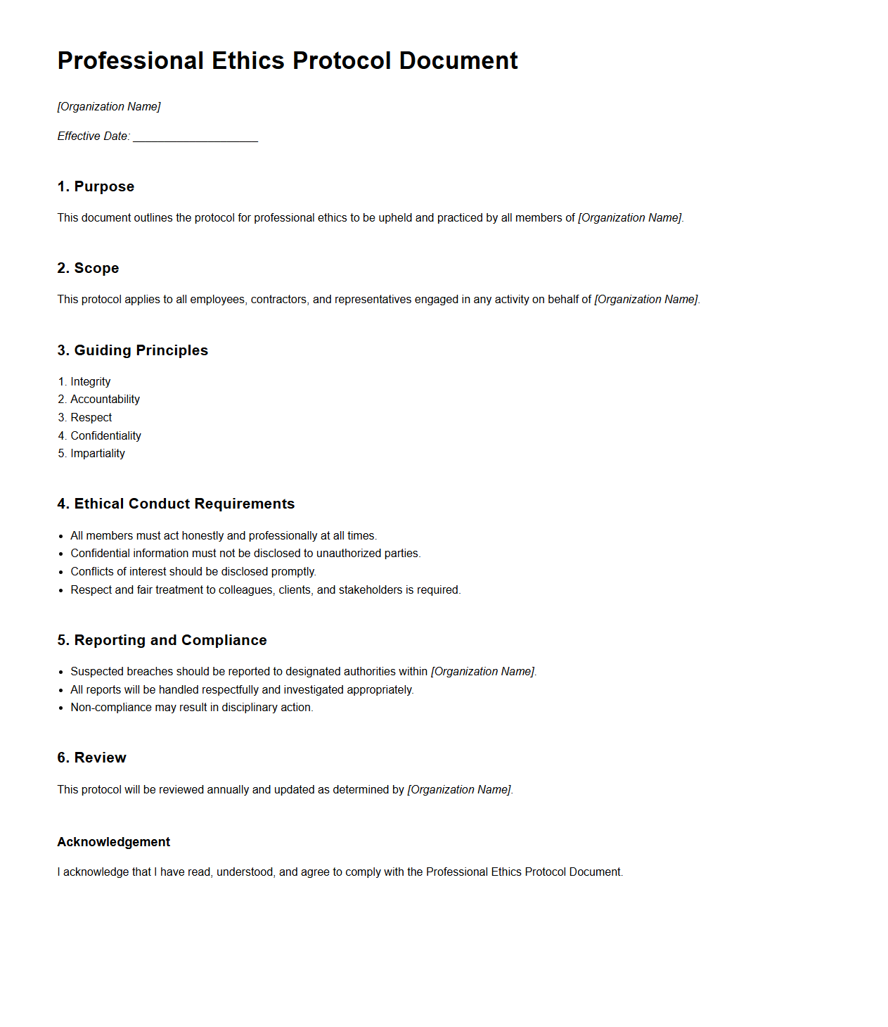 Blank Professional Ethics Protocol Document