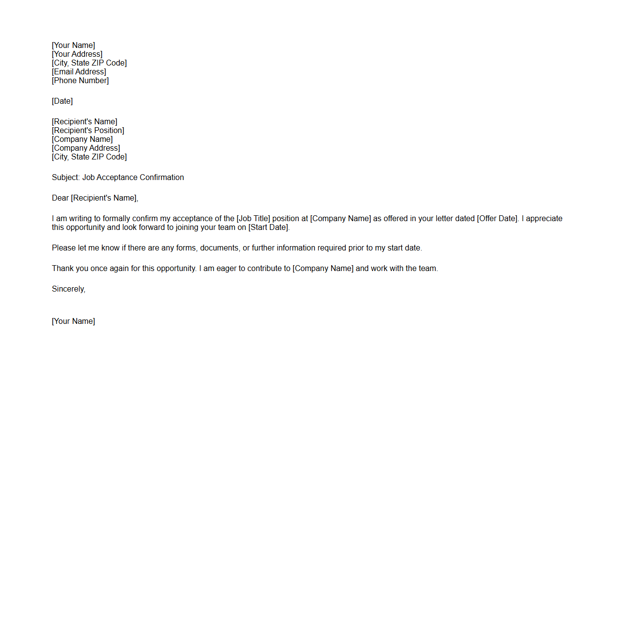 Blank Professional Job Acceptance Confirmation Letter