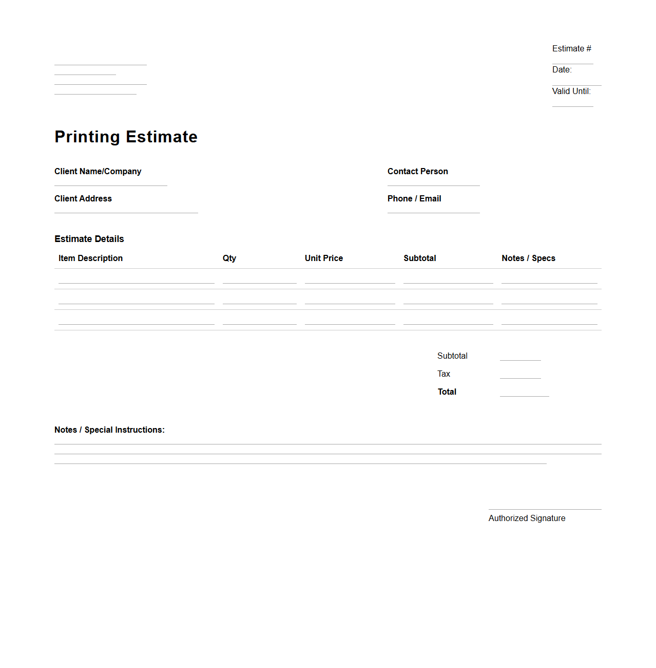 Blank Professional Printing Estimate Template