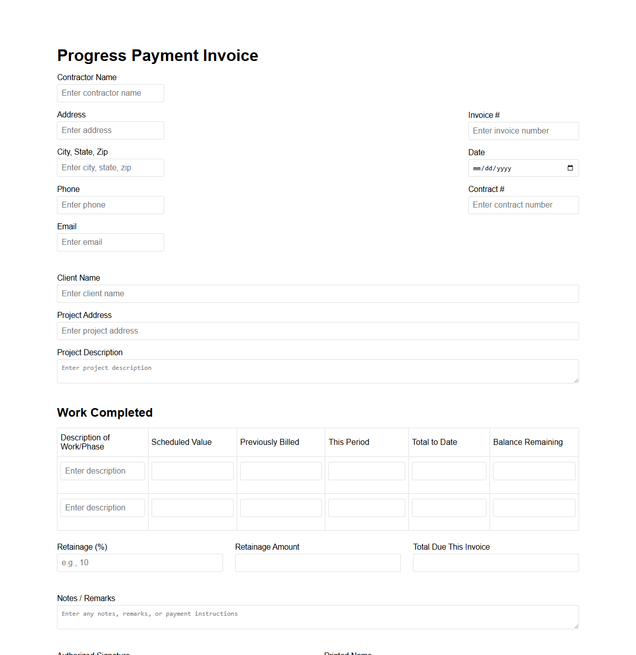 Blank Progress Payment Invoice for Contractors