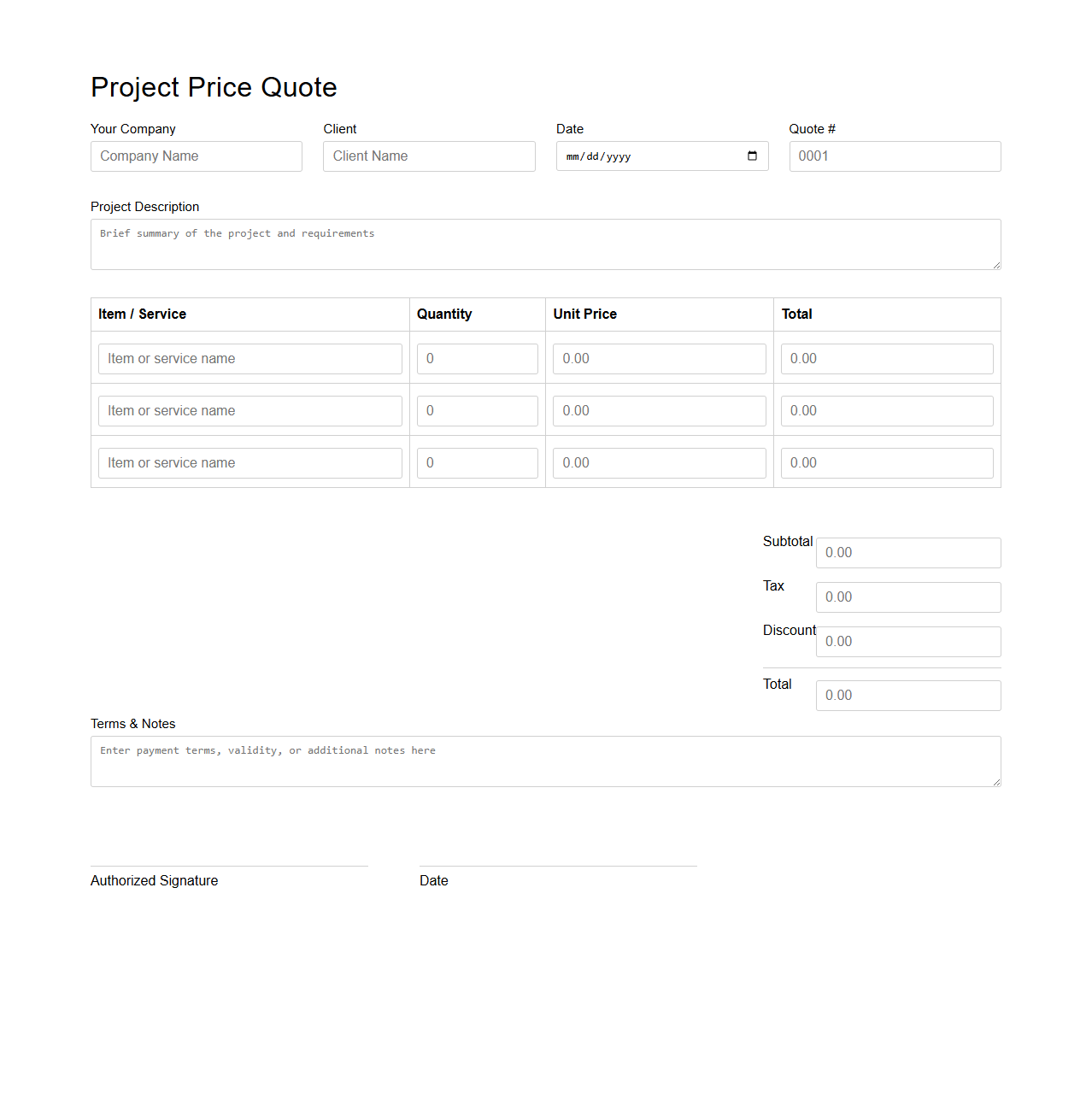 Blank Project Price Quote Template