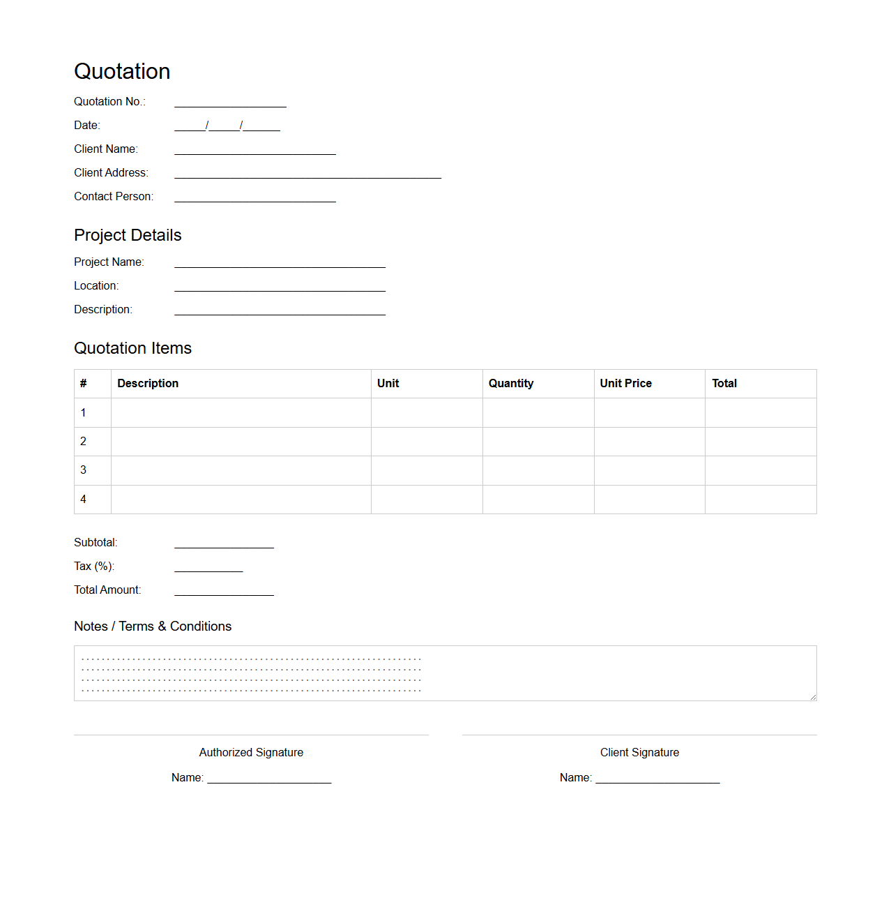 Blank Quotation Template for Construction Projects
