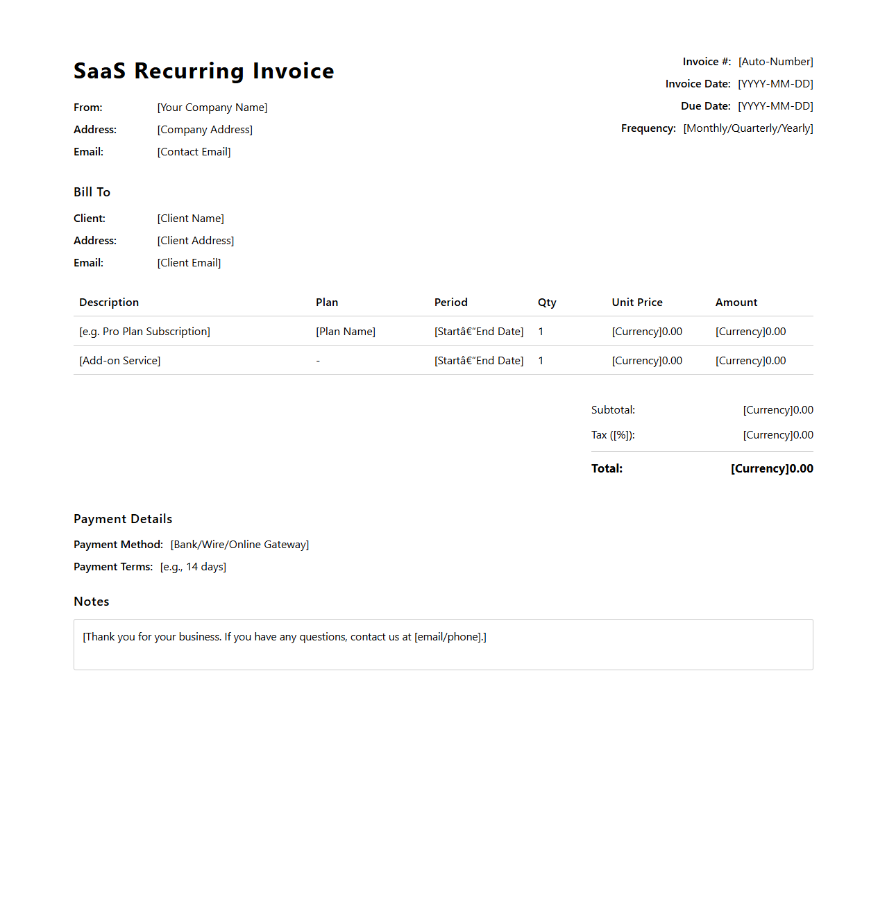 Blank Recurring Invoice Template for SaaS Businesses