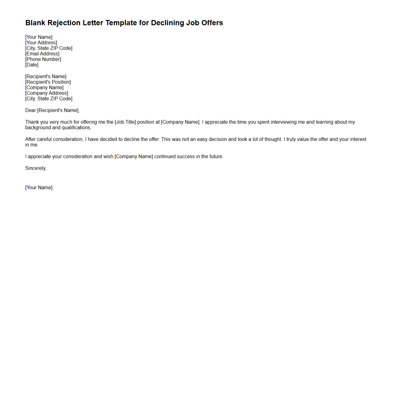 Blank Rejection Letter Template for Declining Job Offers