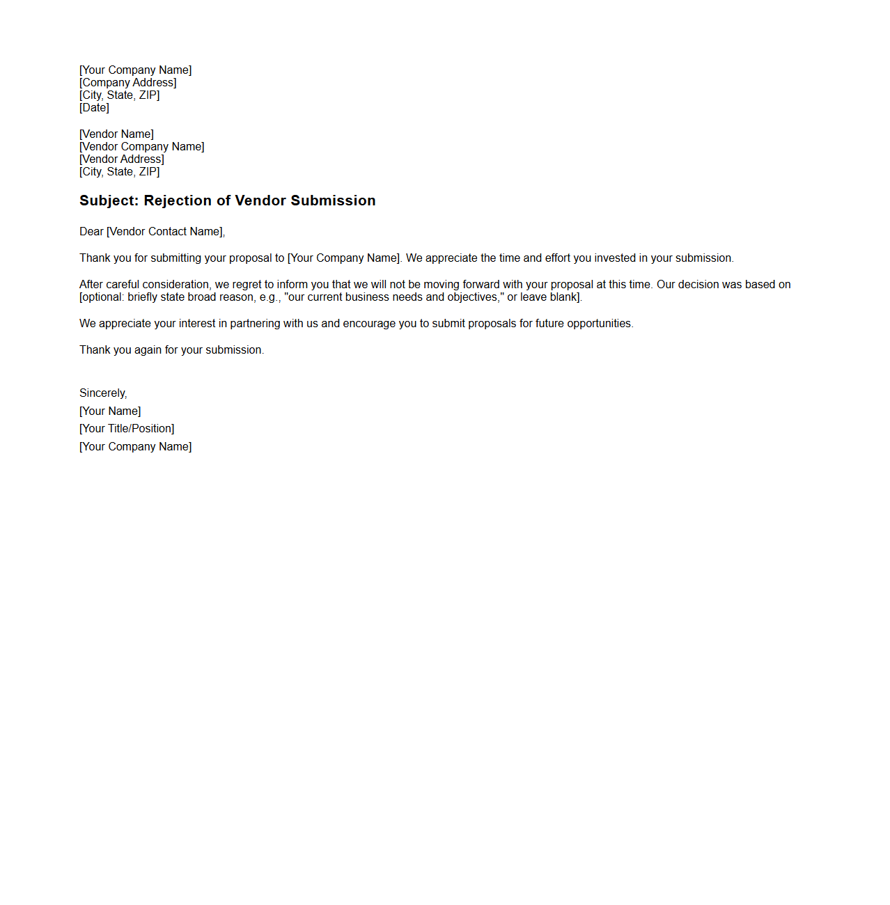 Blank Rejection Letter Template for Declining Vendor Submissions