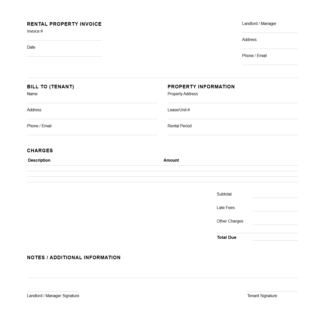 Blank Rental Property Invoice Template