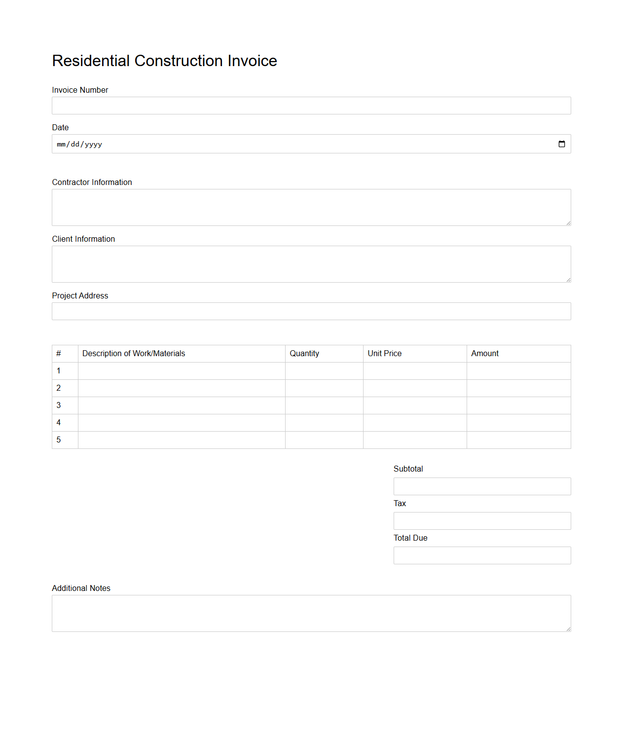 Blank Residential Construction Invoice Form