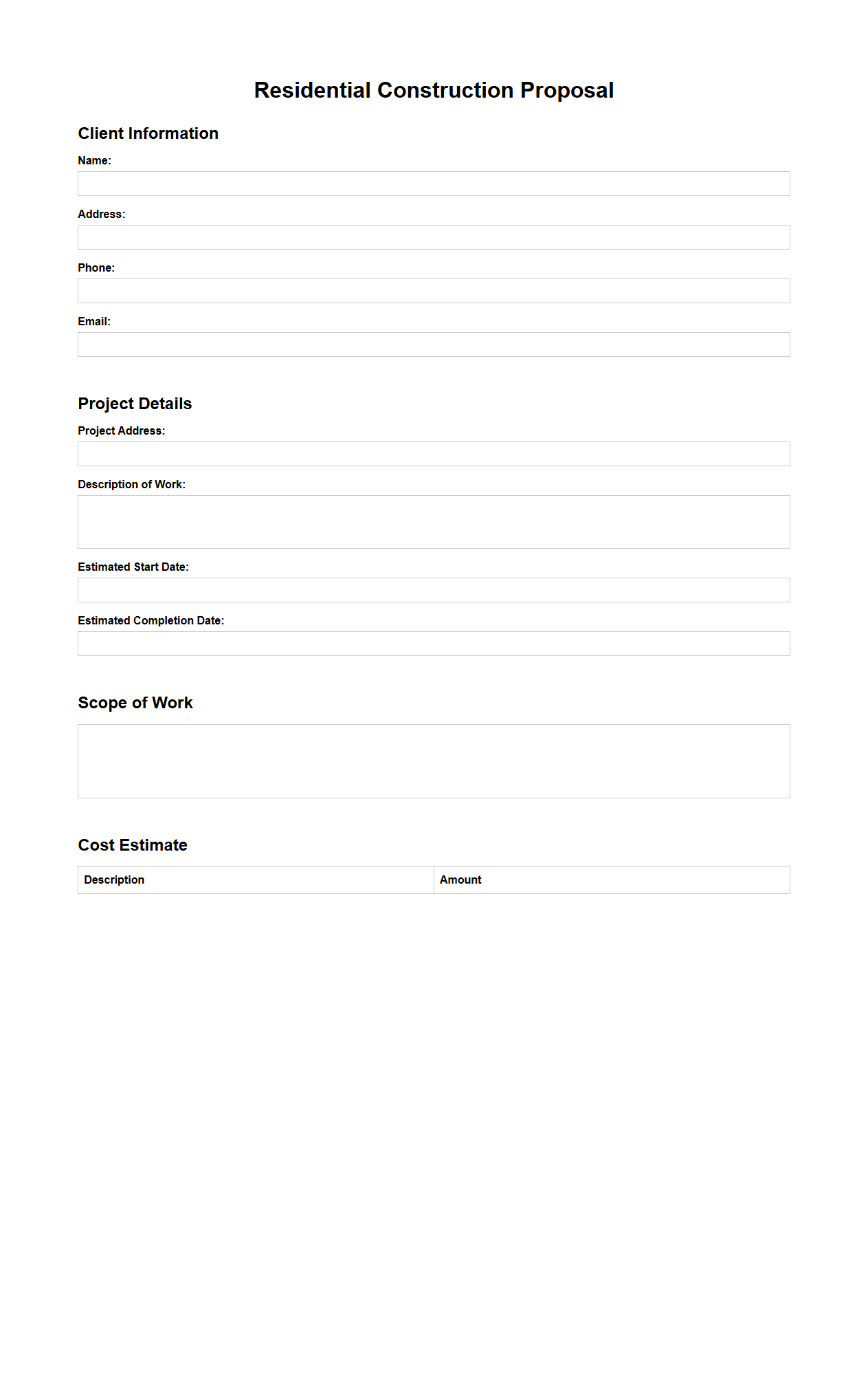 Blank Residential Construction Proposal Template
