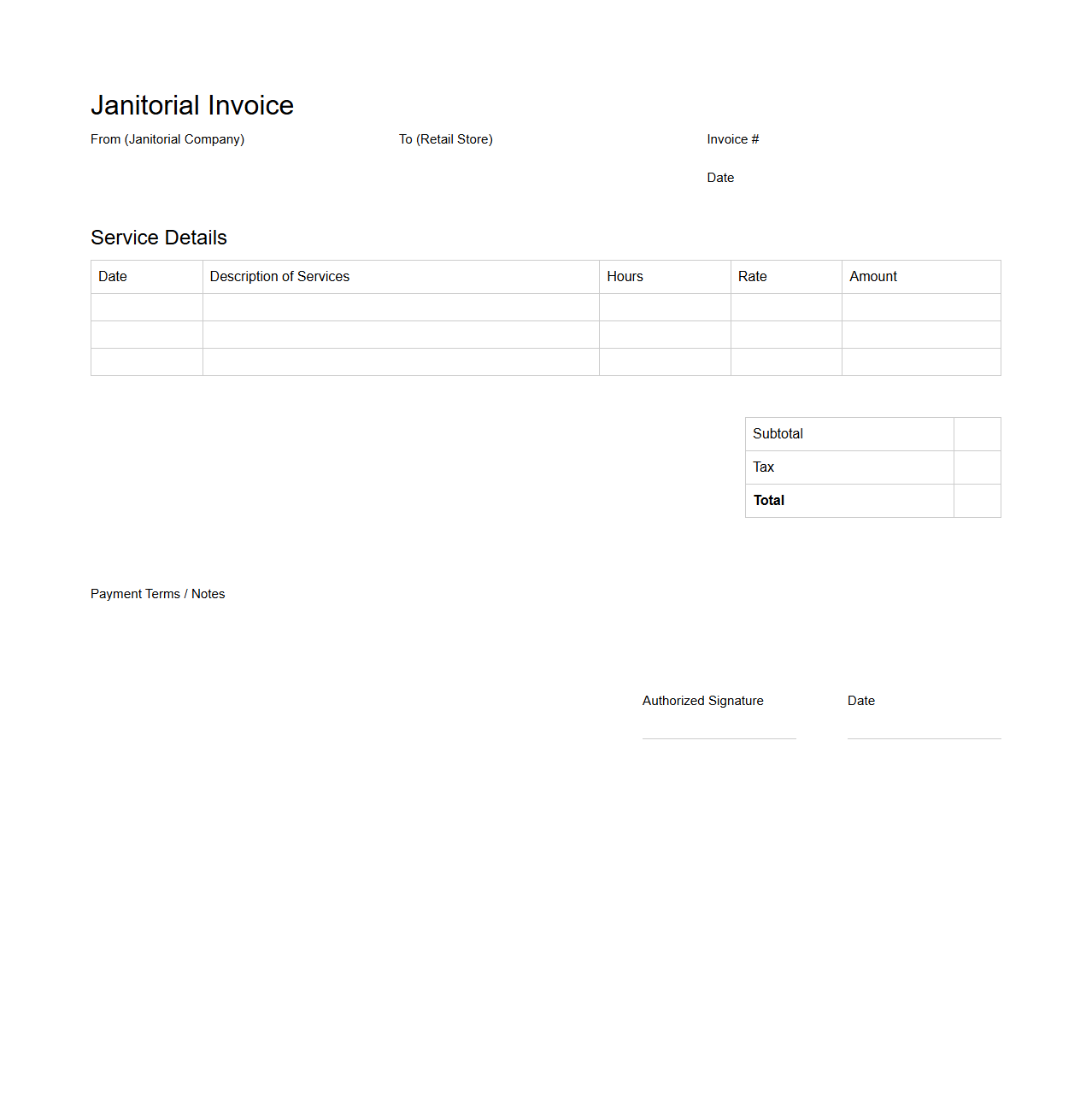 Blank Retail Store Janitorial Invoice Template