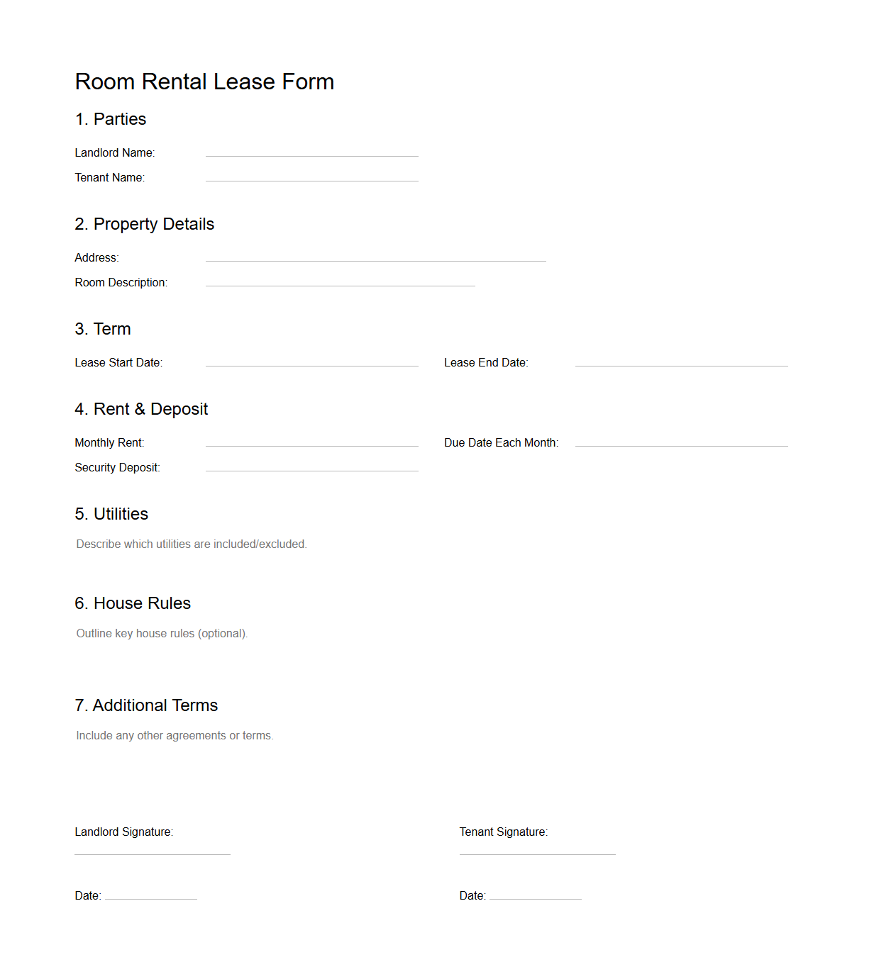 Blank Room Rental Lease Form