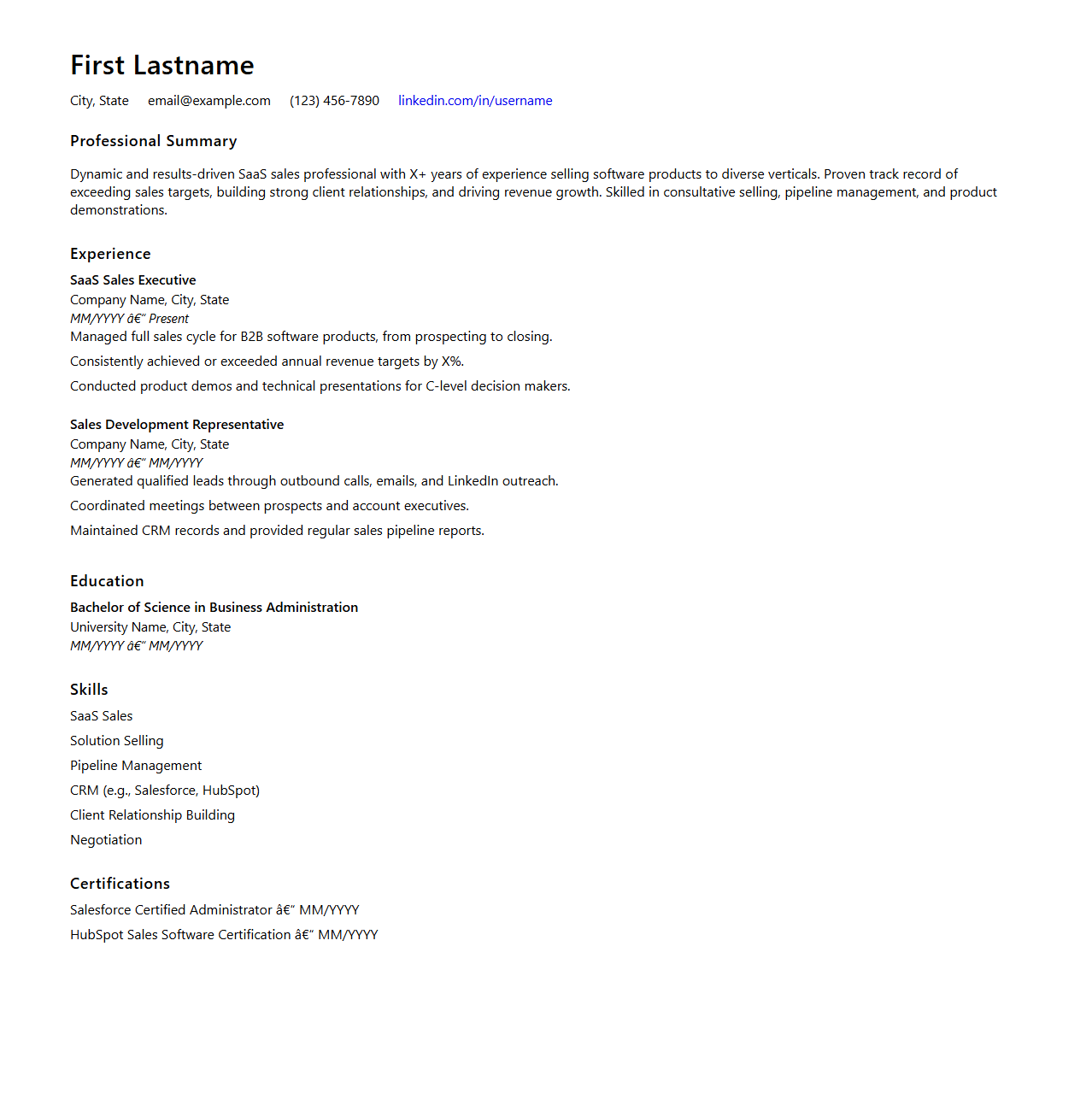 Blank SaaS Sales Resume Template for Software Products