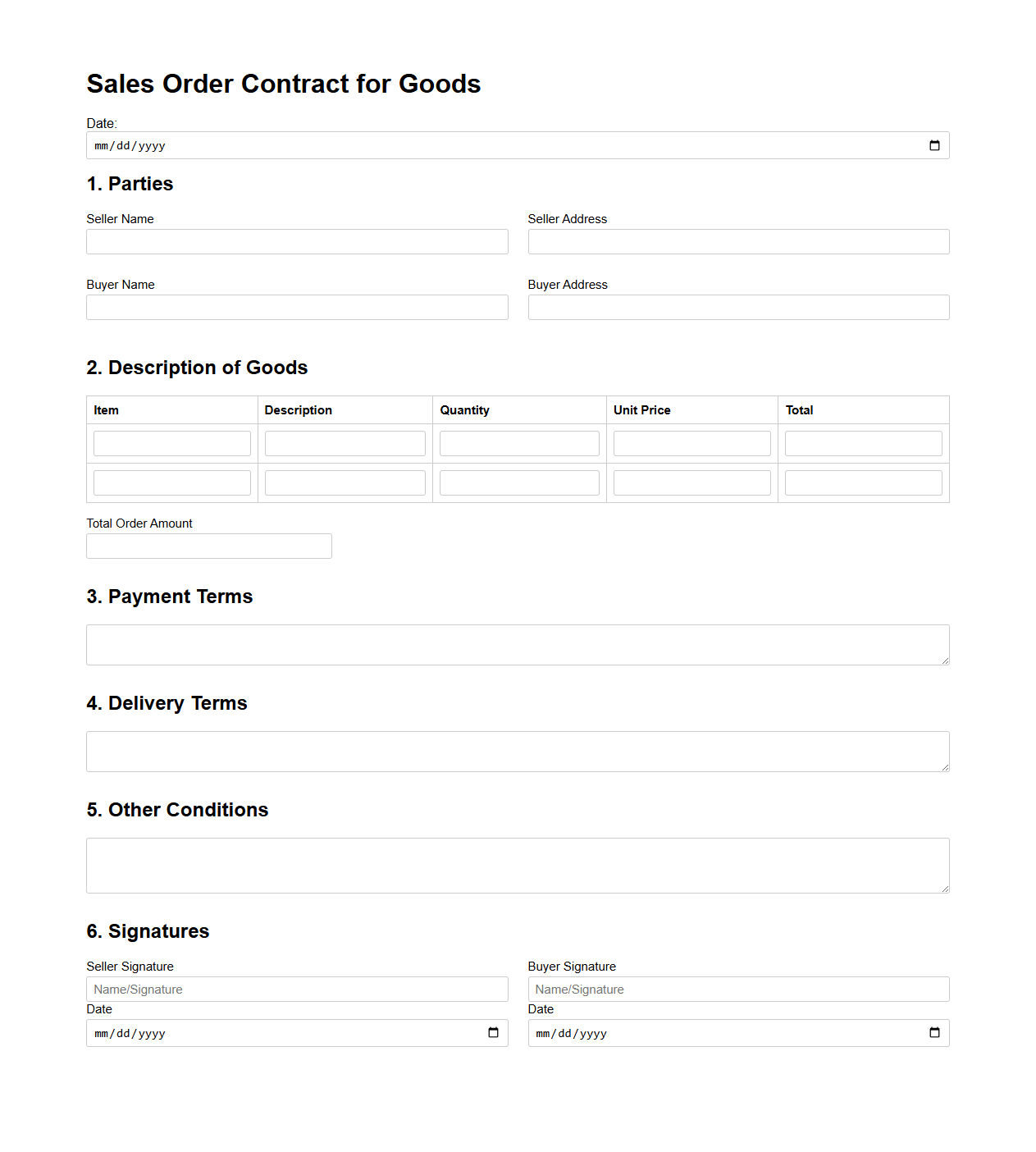 Blank Sales Order Contract for Goods