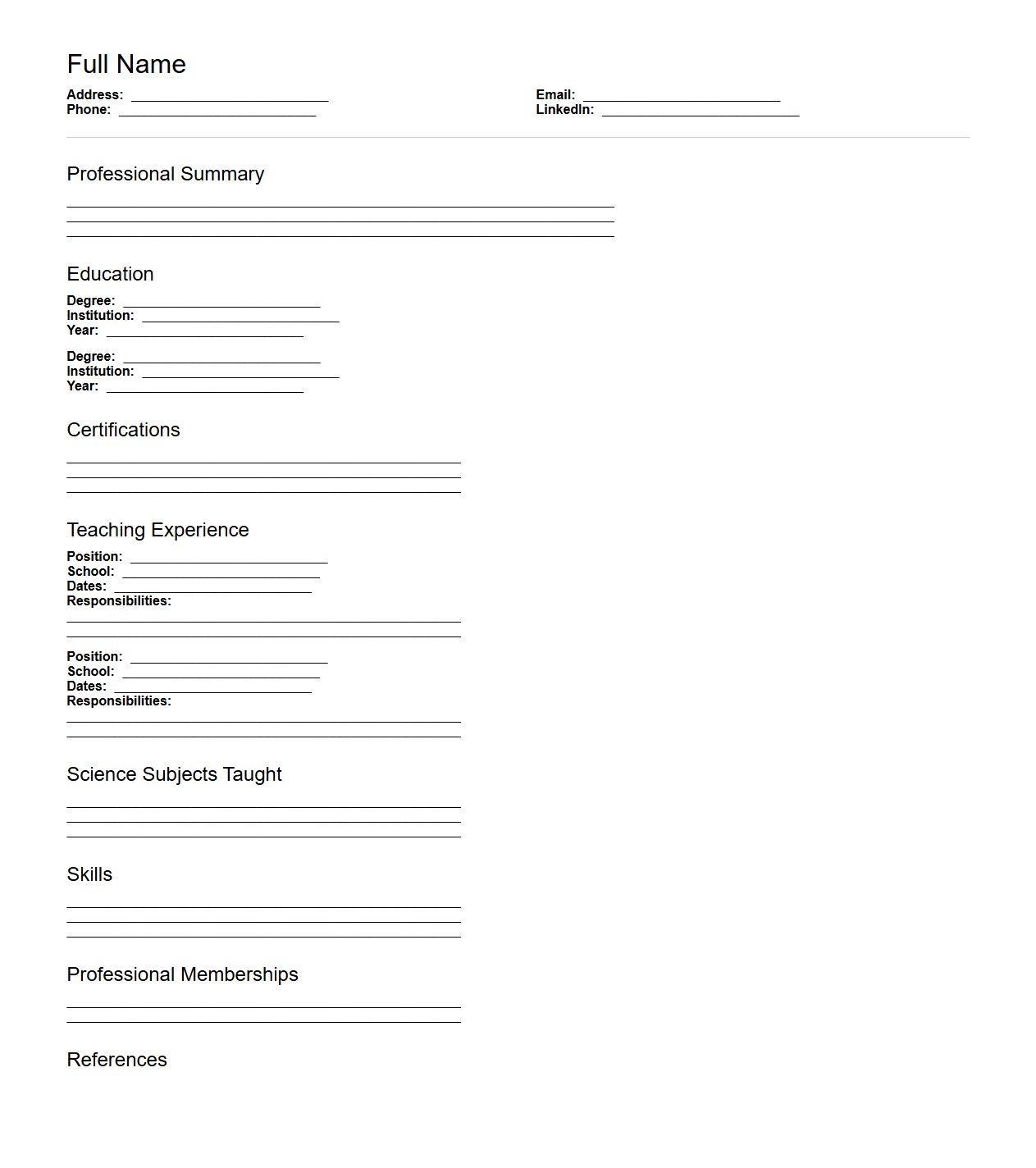 Blank Science Teacher Curriculum Vitae Template