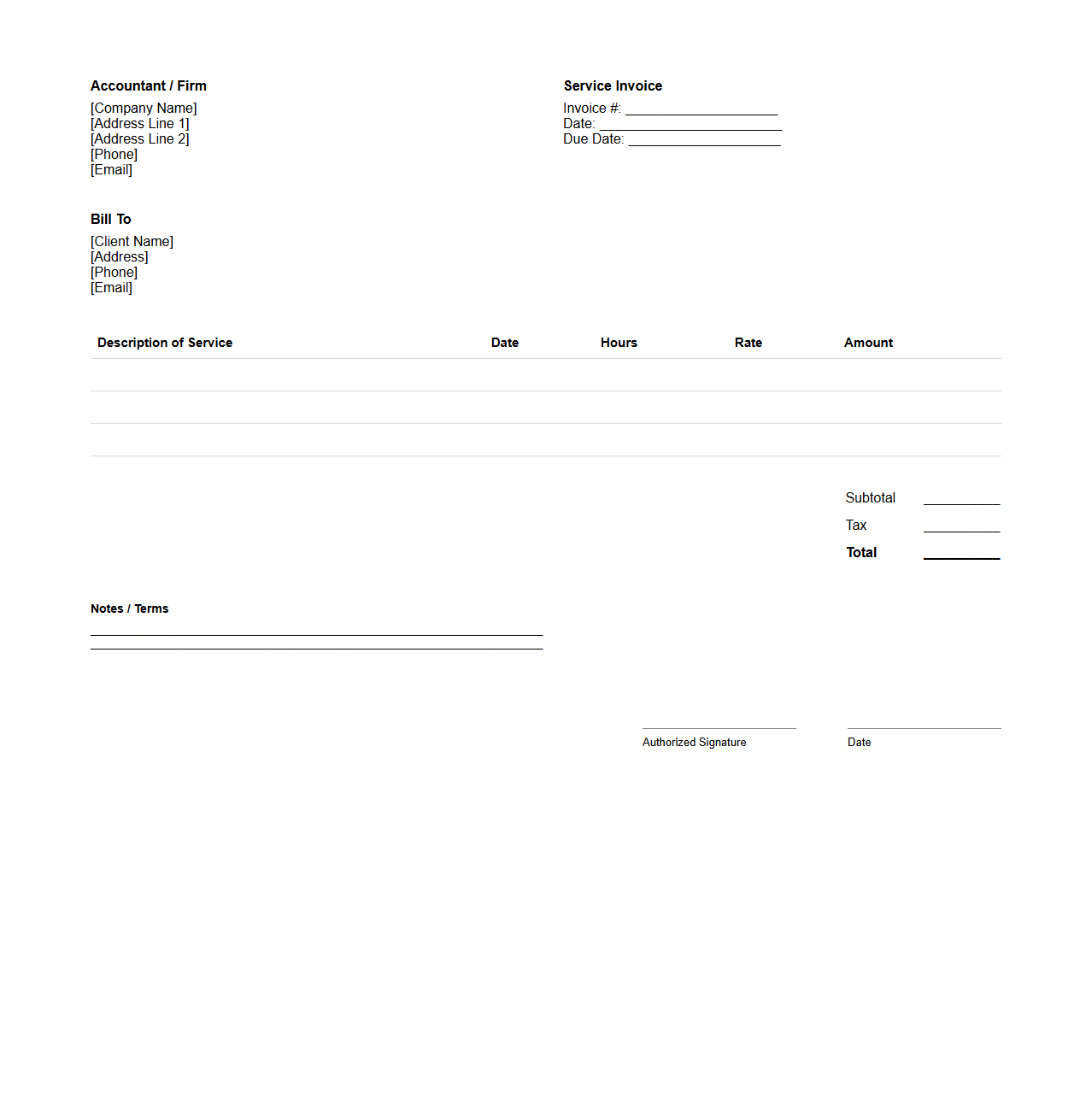 Blank Service Invoice Template for Accountants