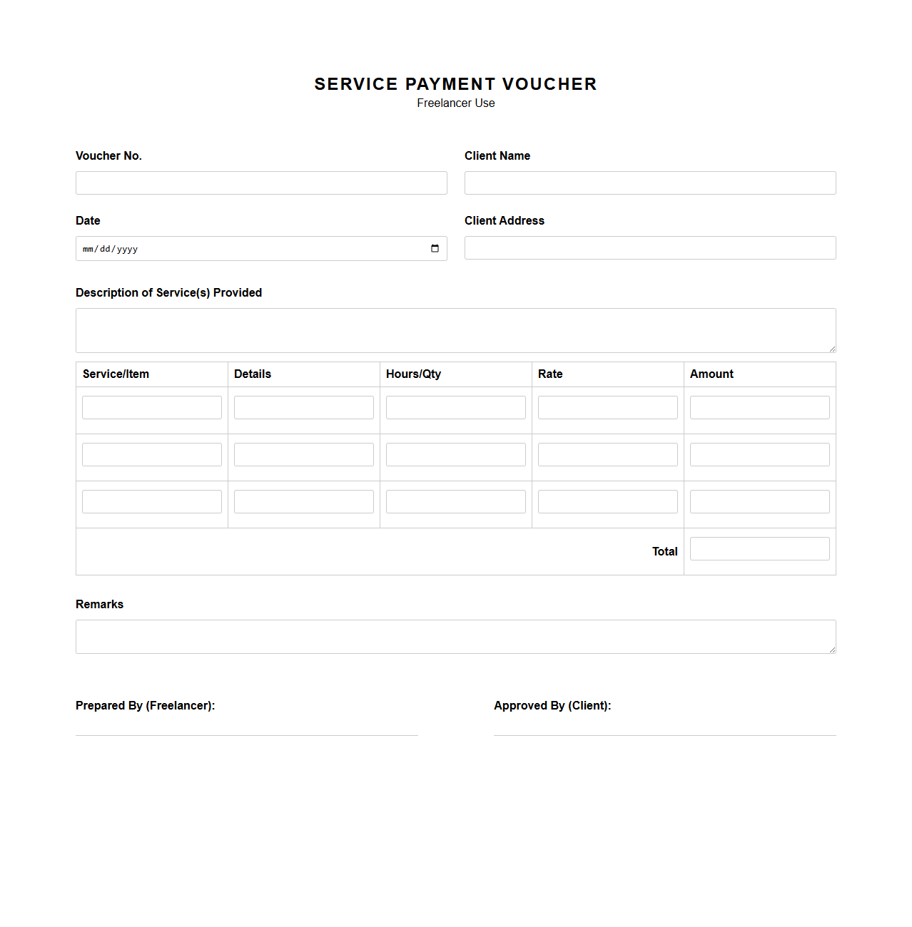 Blank Service Payment Voucher Template for Freelancers