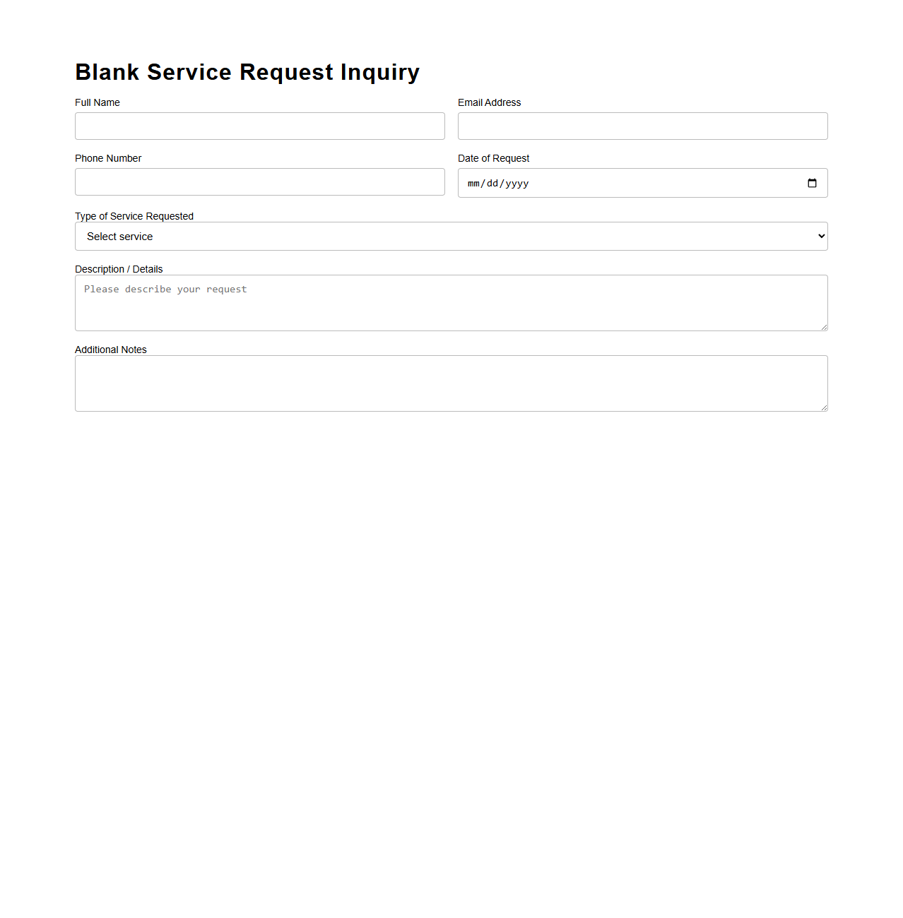 Blank Service Request Inquiry Template