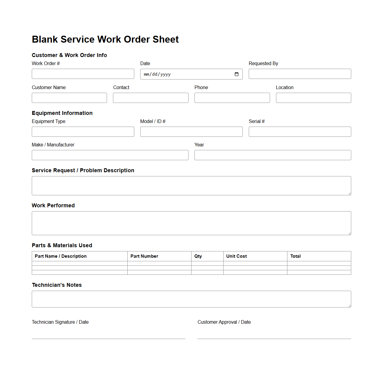Blank Service Work Order Sheet for Industrial Equipment