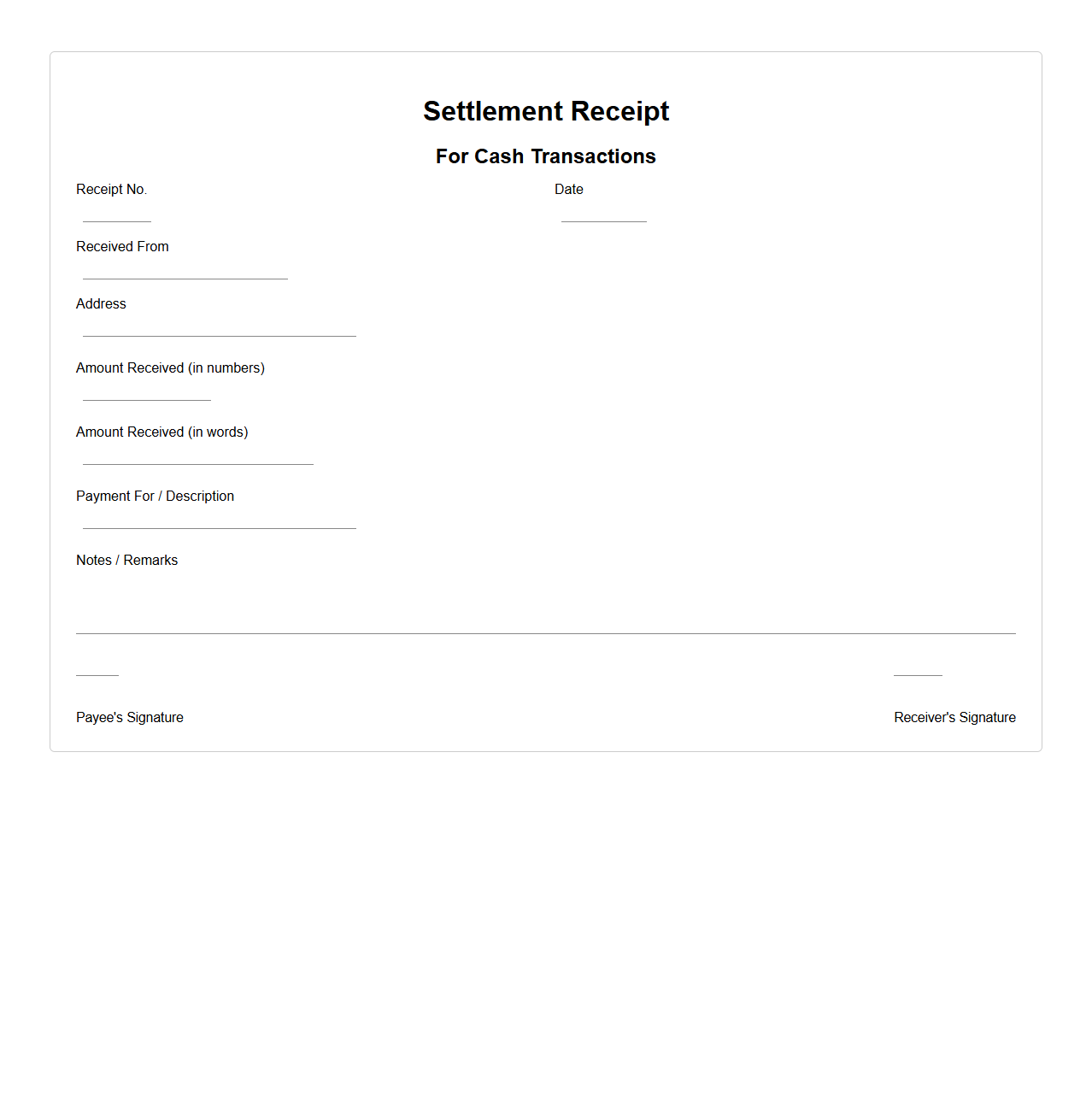 Blank Settlement Receipt for Cash Transactions