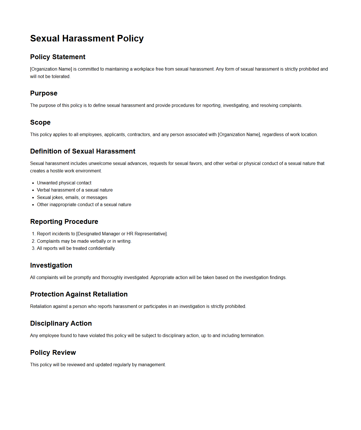 Blank Sexual Harassment Policy Template