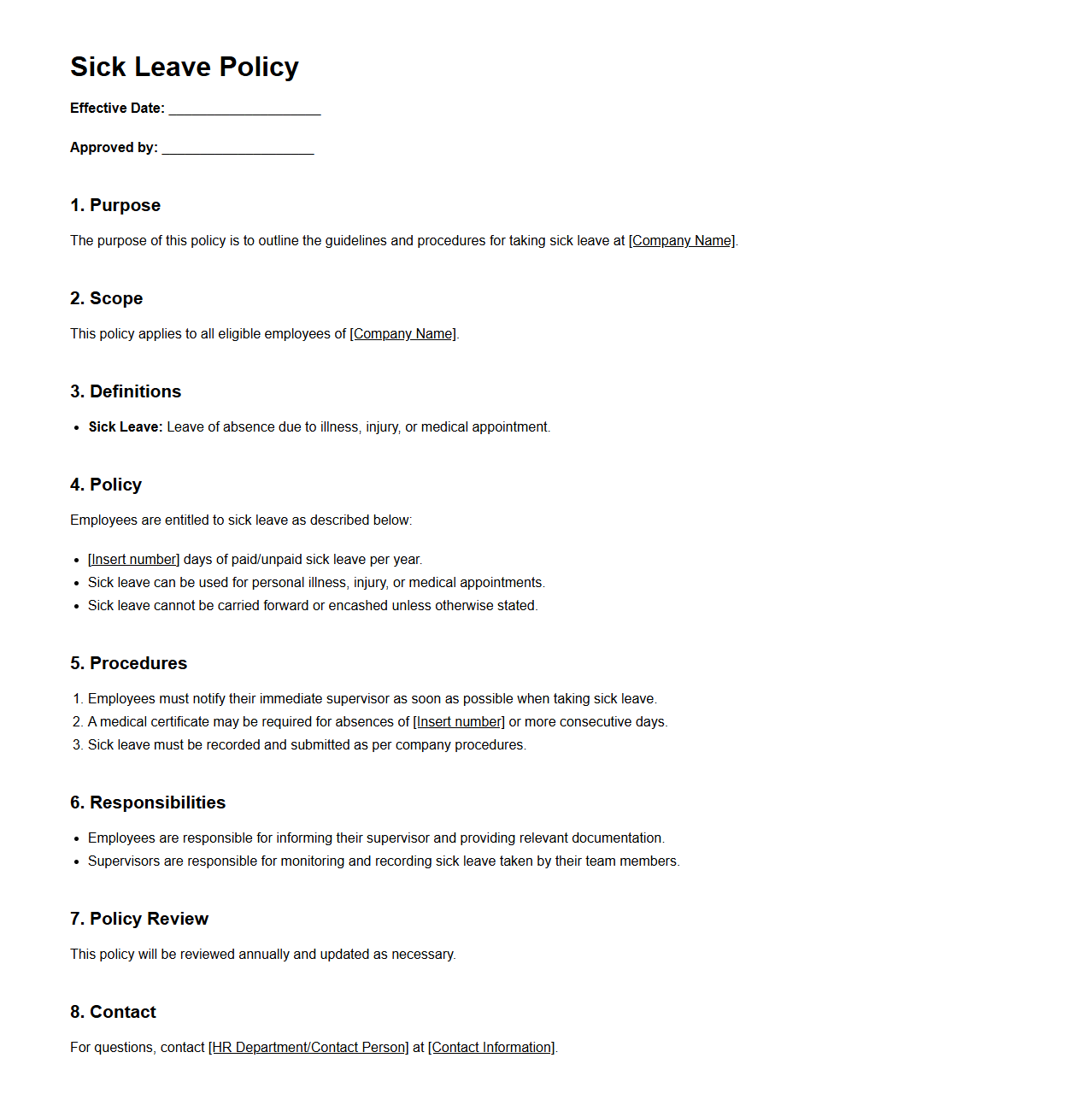 Blank Sick Leave Policy Template