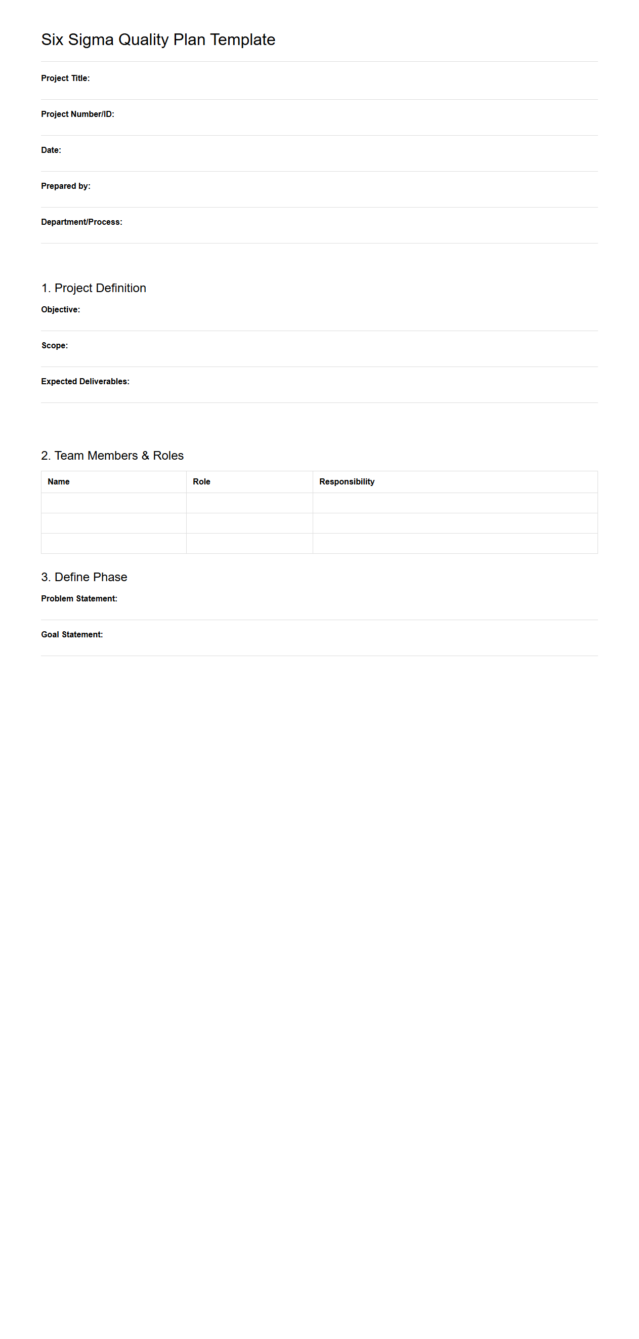 Blank Six Sigma Quality Plan Template