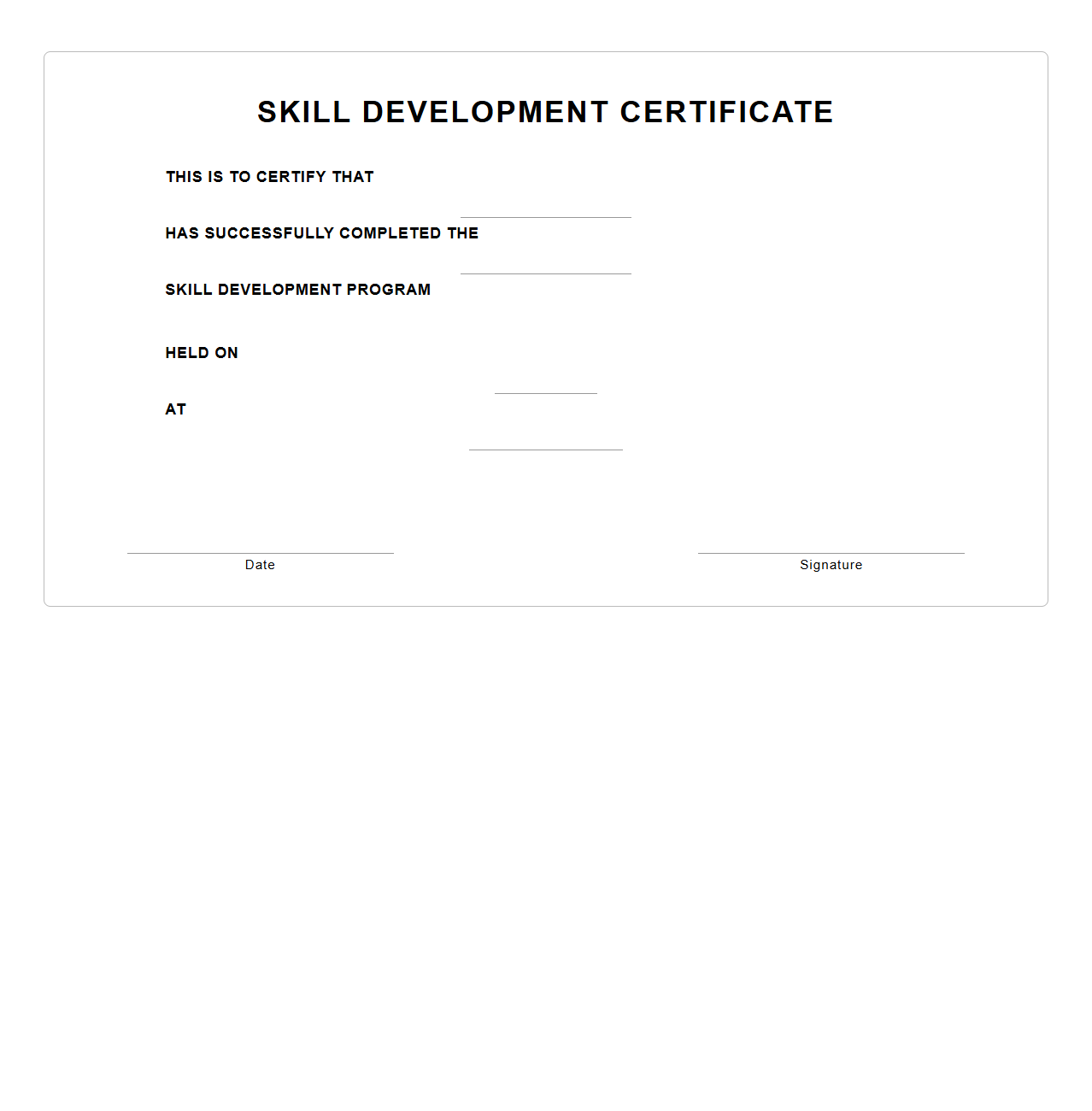 Blank Skill Development Certificate Template