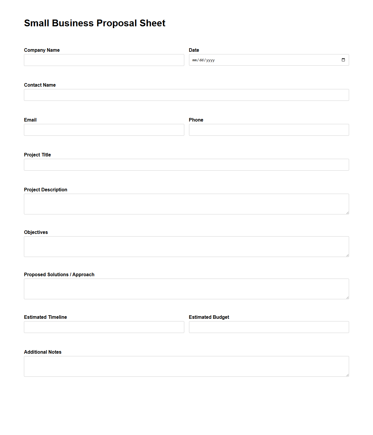 Blank Small Business Proposal Sheet