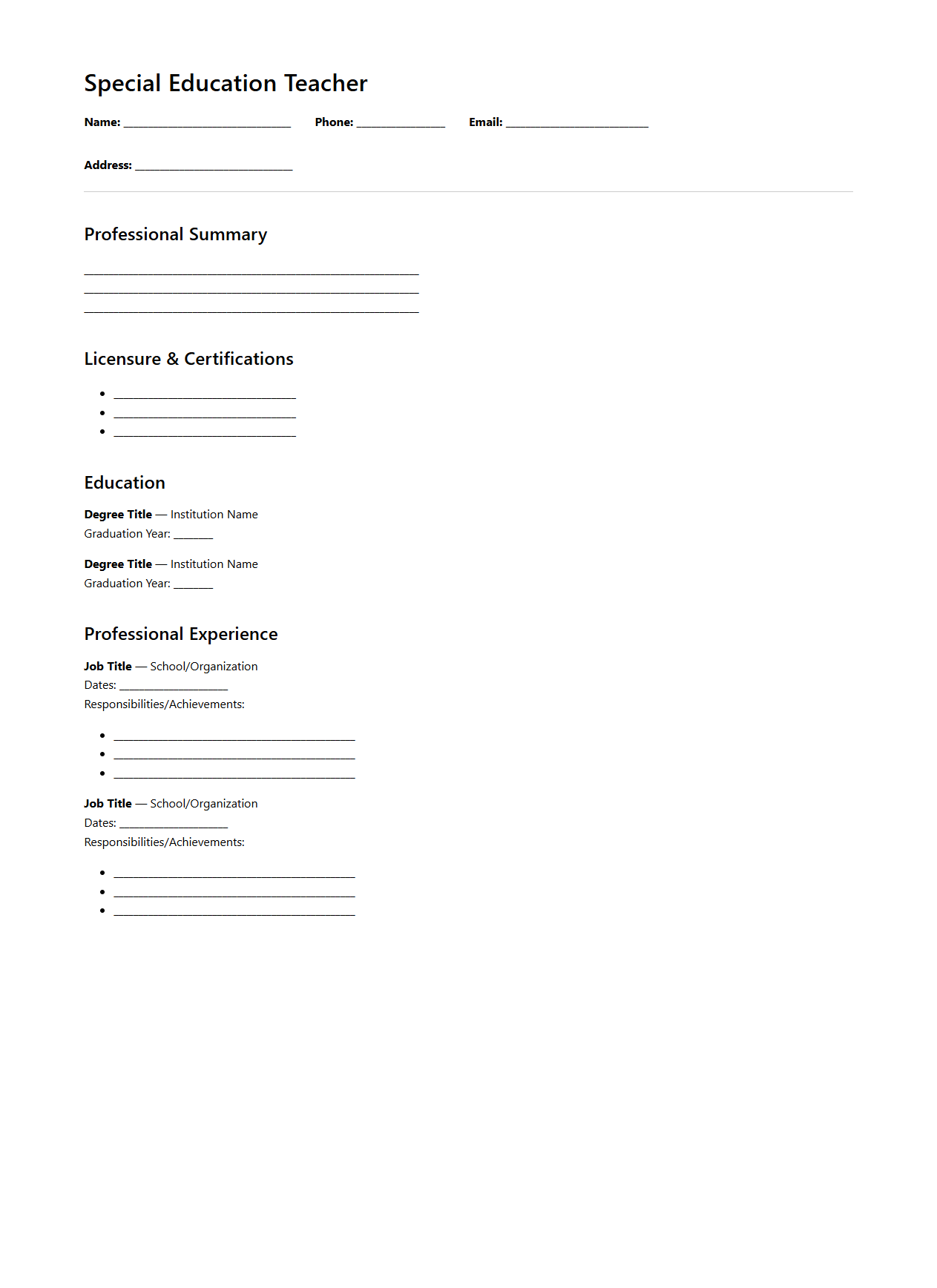 Blank Special Education Teacher Resume Template for Inclusive Classrooms