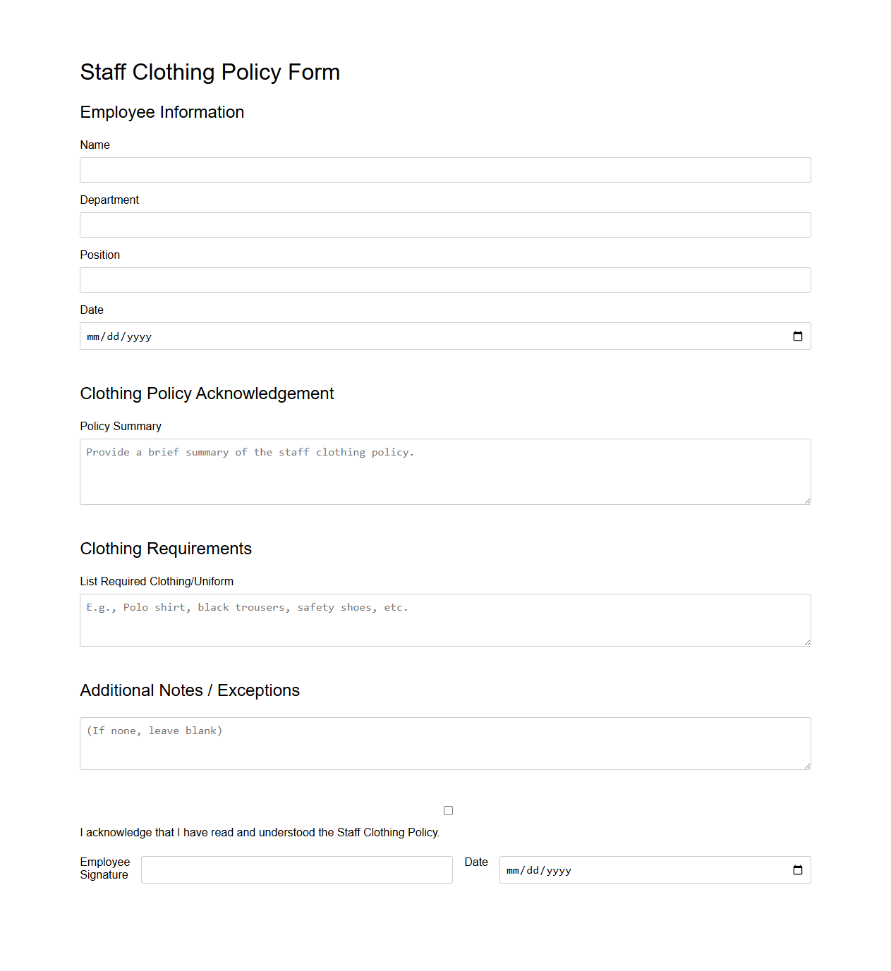 Blank Staff Clothing Policy Form