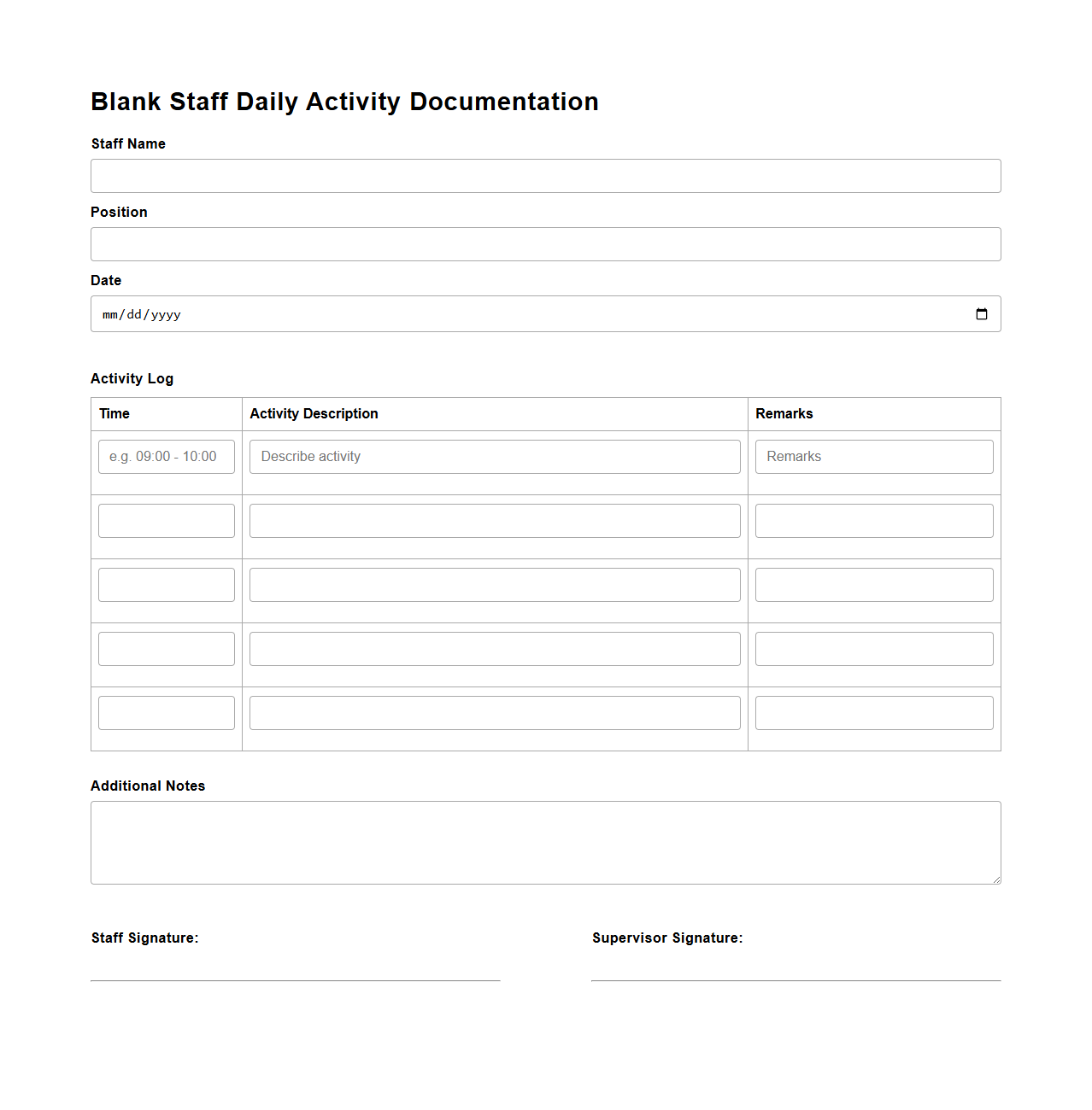 Blank Staff Daily Activity Documentation