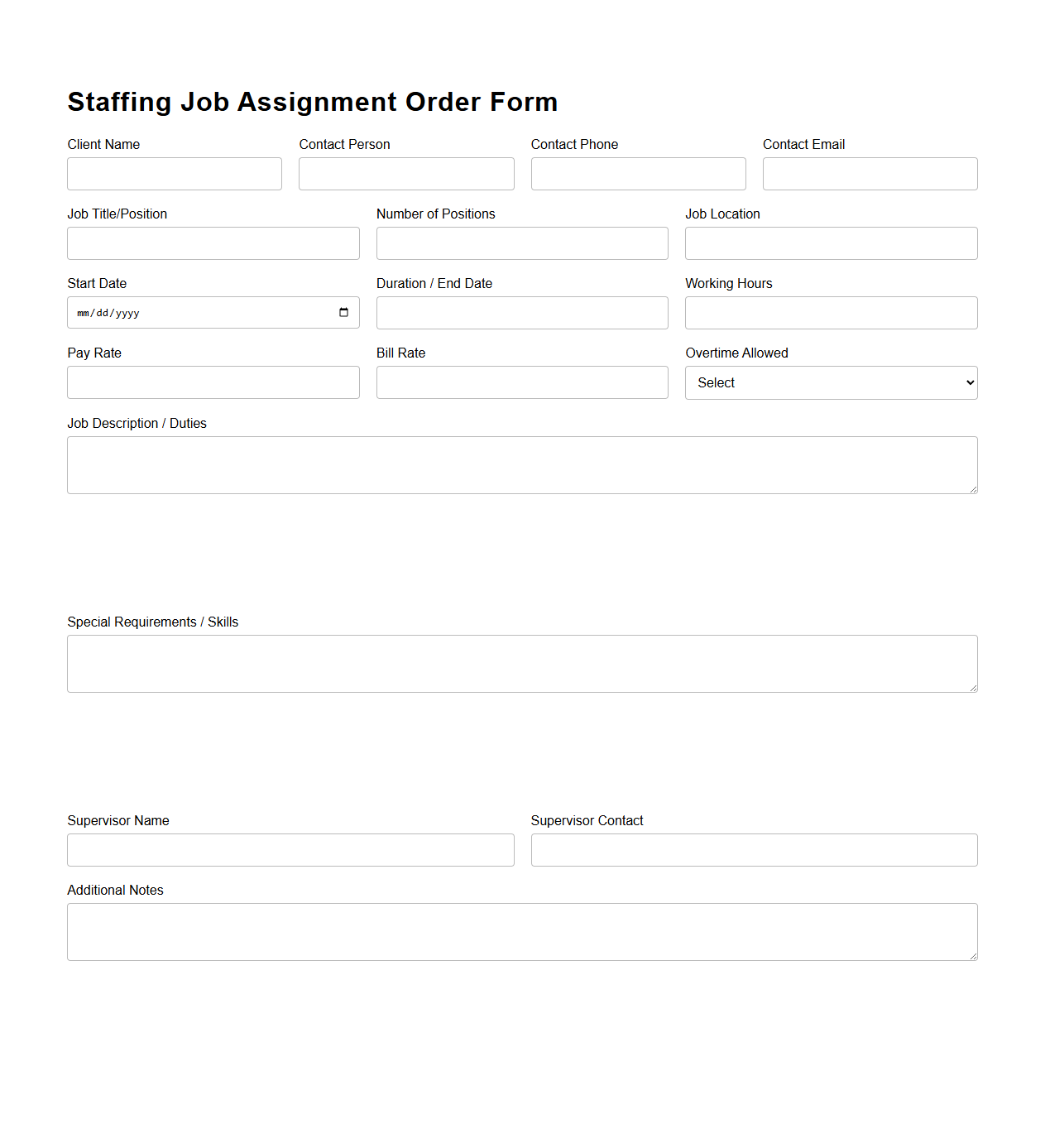 Blank Staffing Job Assignment Order Form