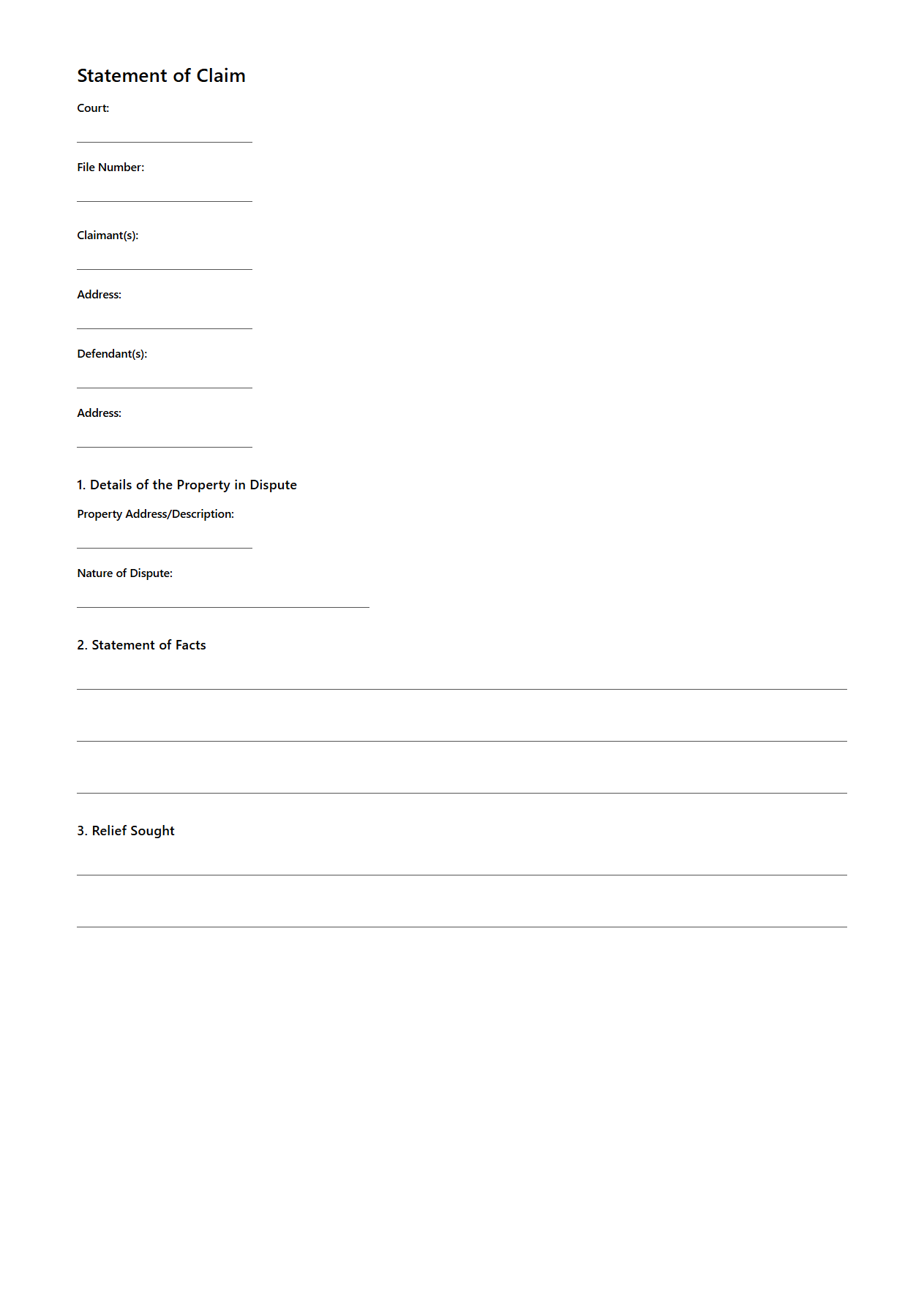 Blank Statement of Claim for Property Dispute Template