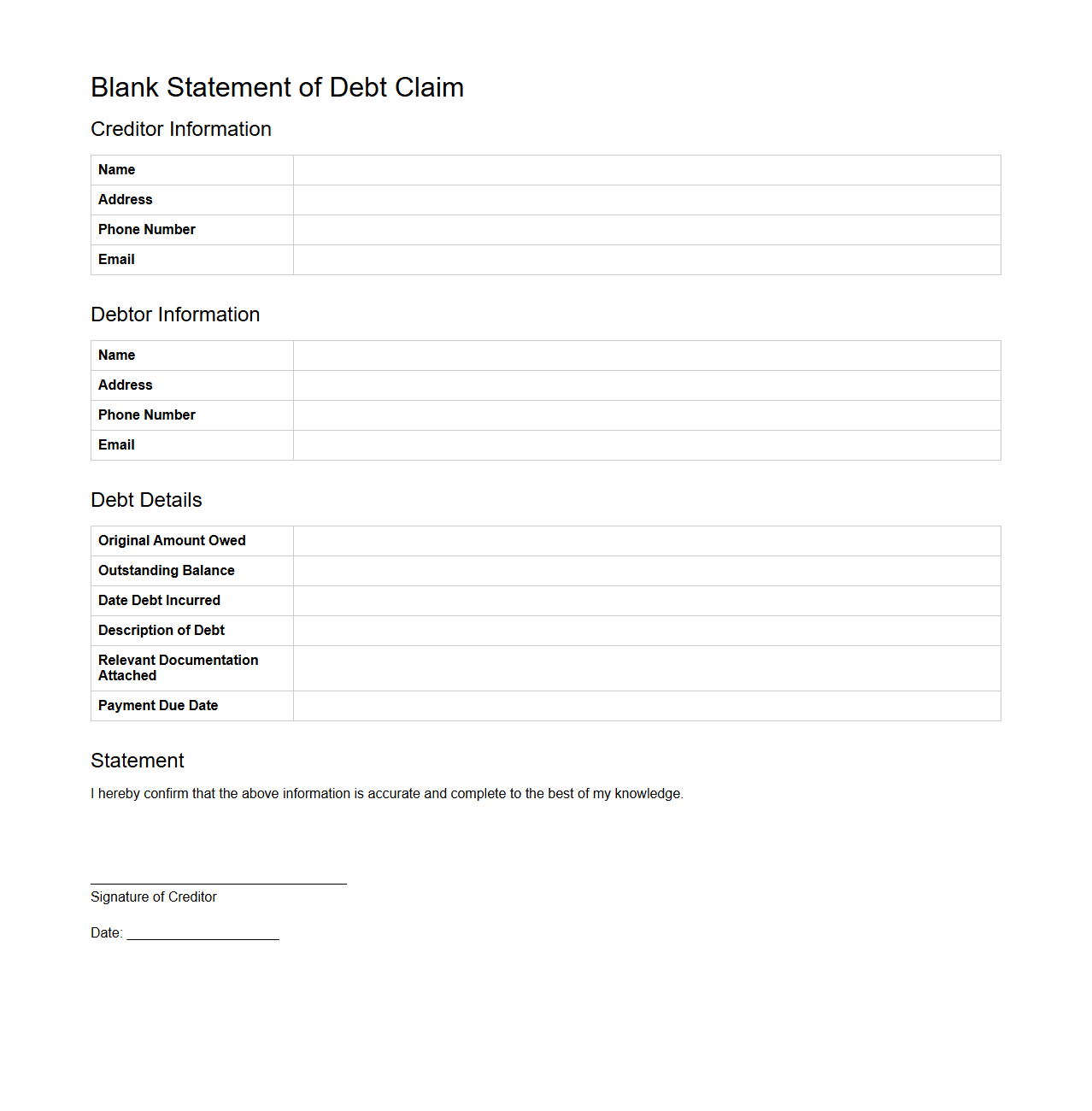 Blank Statement of Debt Claim Template